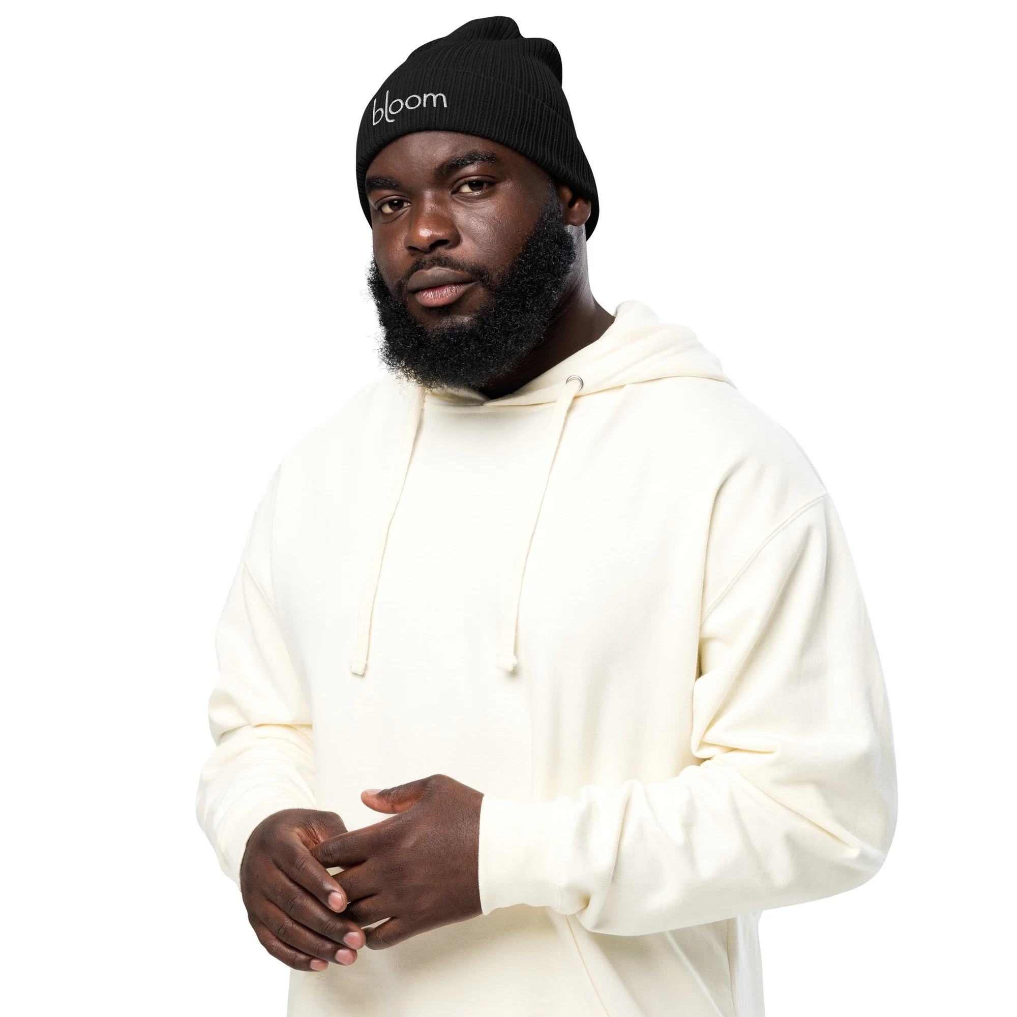 Bloom Organic Ribbed Beanie in black, left front view
