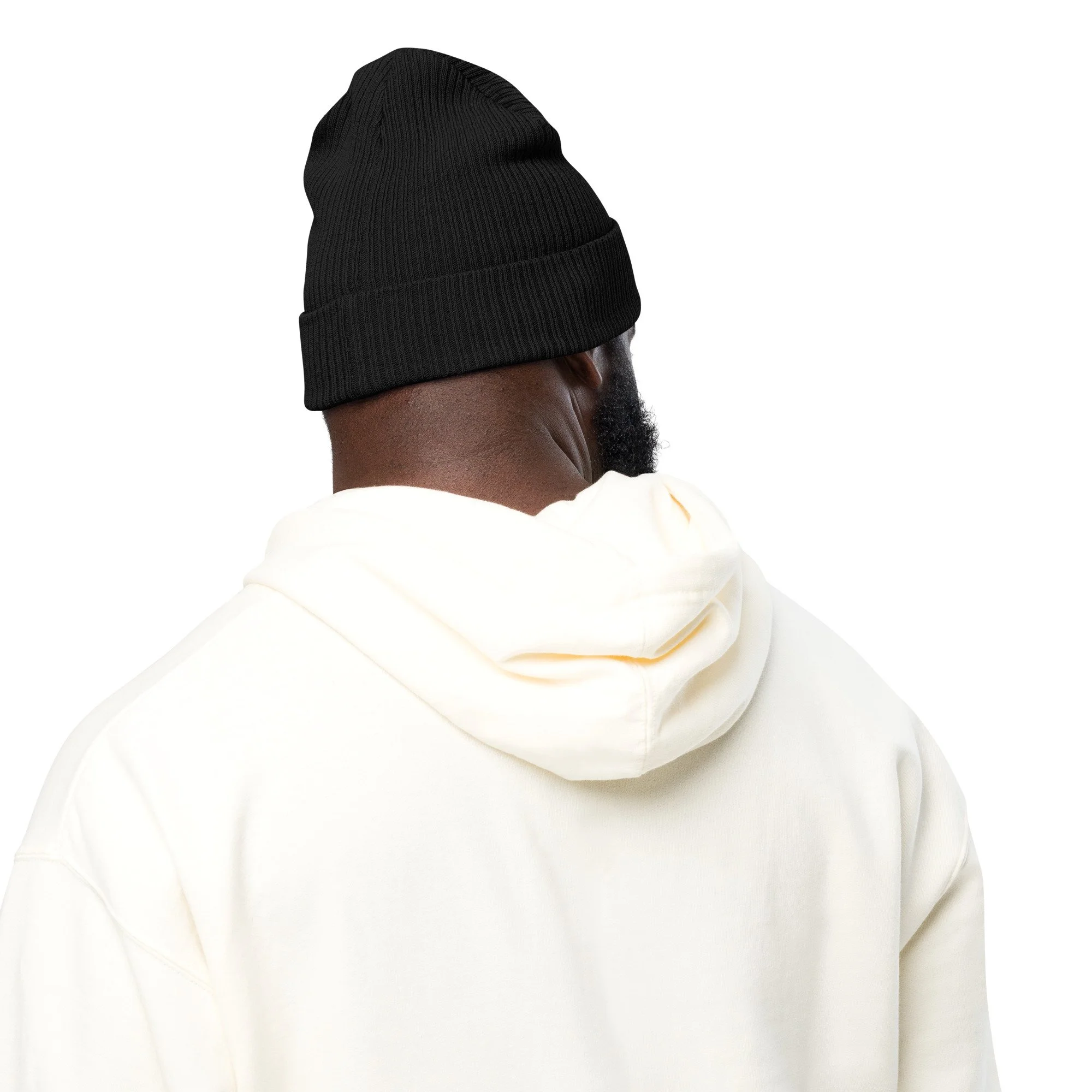 Bloom Organic Ribbed Beanie in black, back view