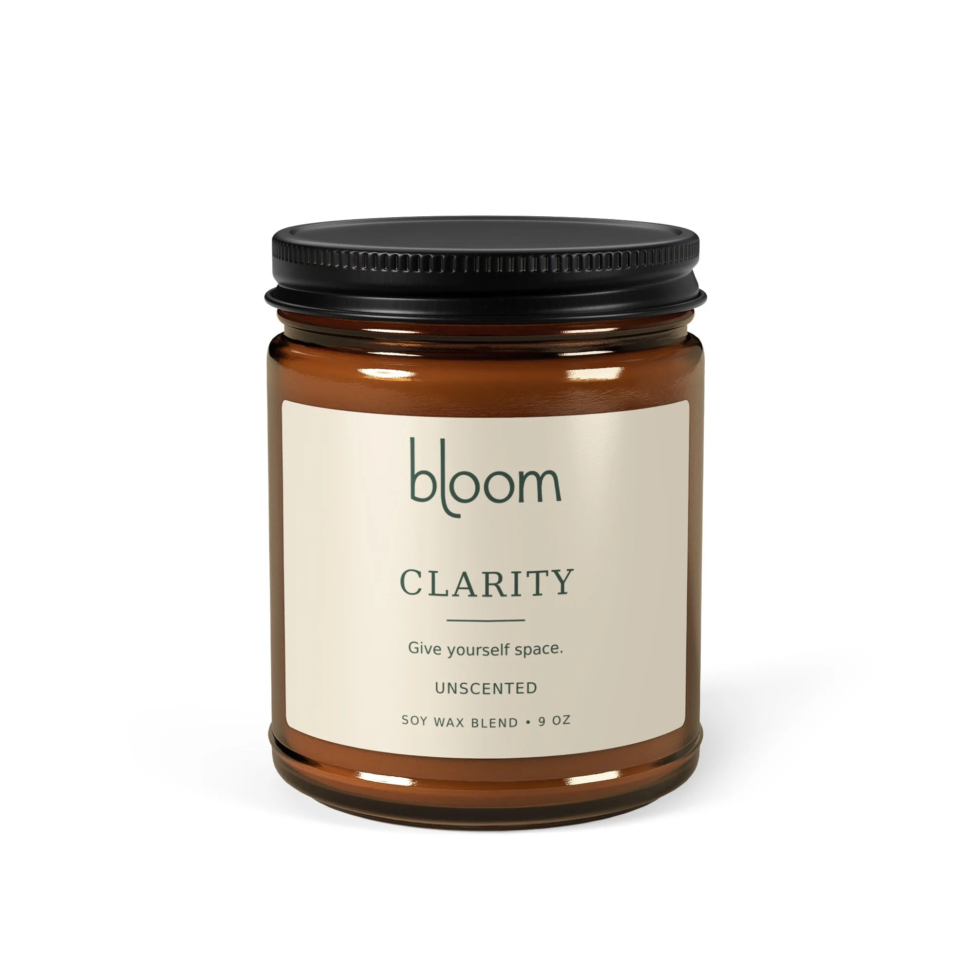 Bloom Clarity 9 oz unscented amber jar candle, supplier product image.
