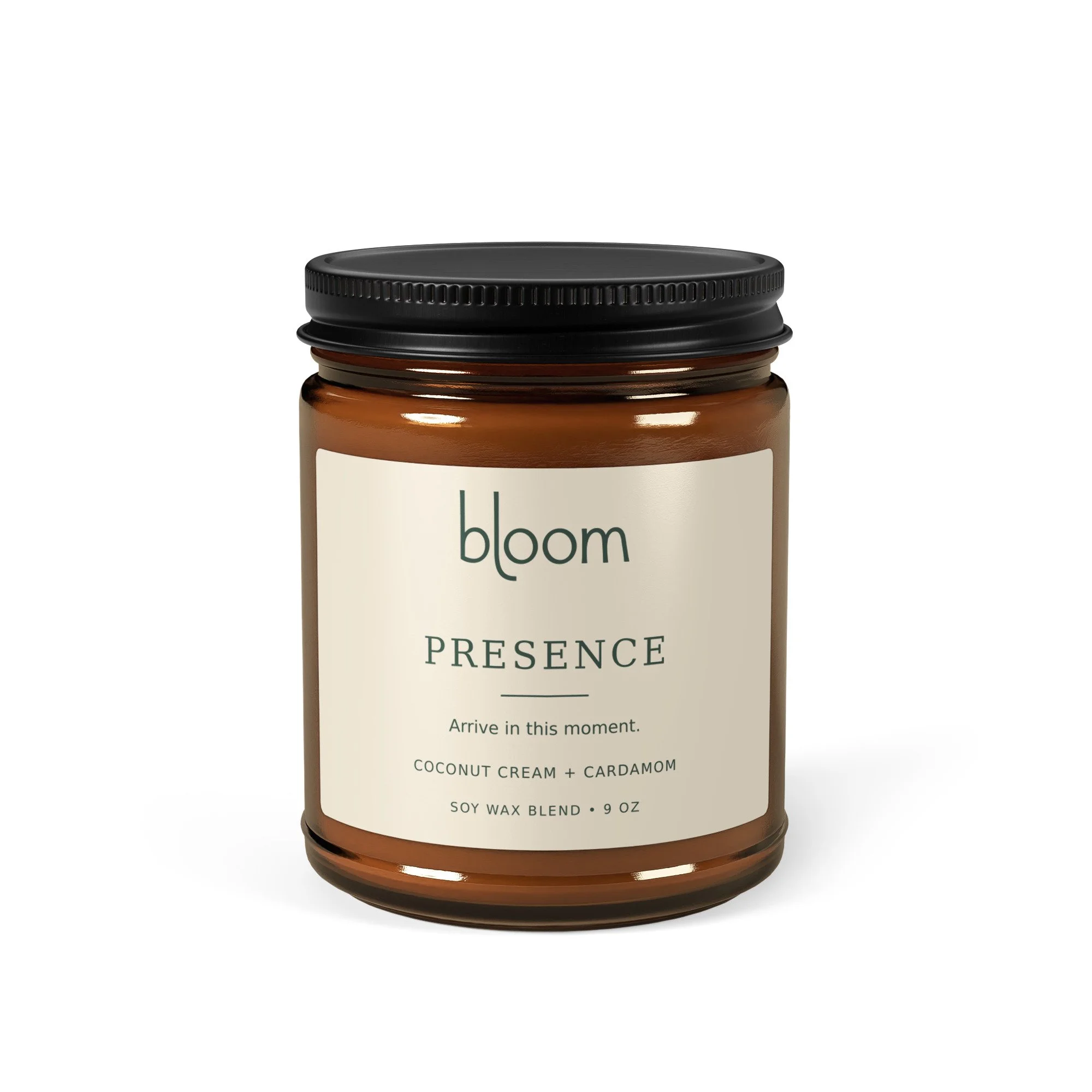 Bloom Presence 9 oz Coconut Cream and Cardamom amber jar candle, supplier product image.