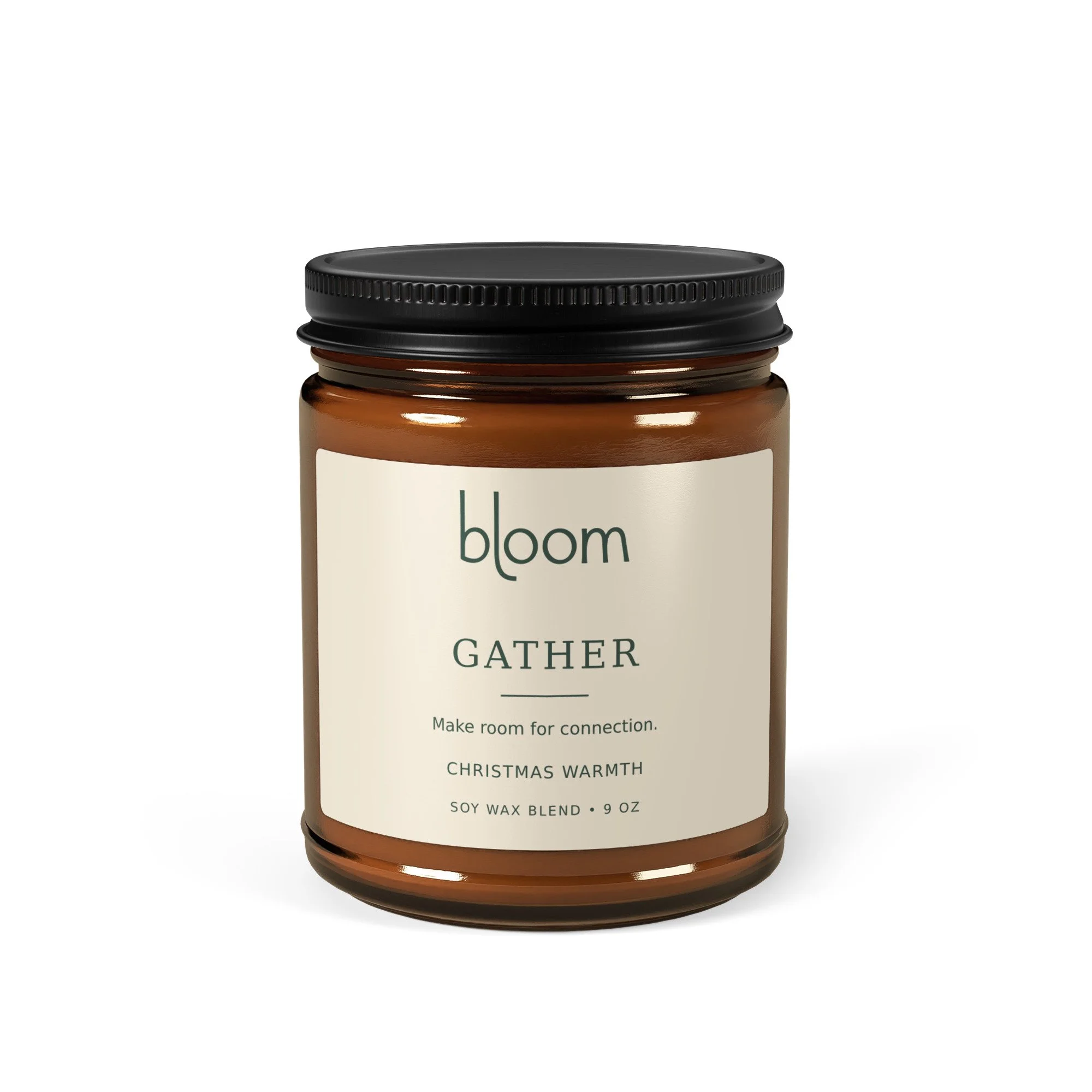Bloom Gather 9 oz Christmas Warmth amber jar candle, supplier product image.