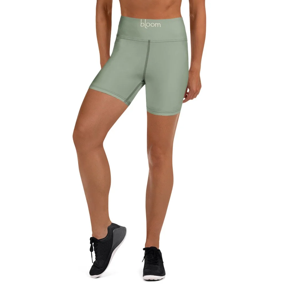 Bloom Practice Shorts — Soft Sage in white, front view