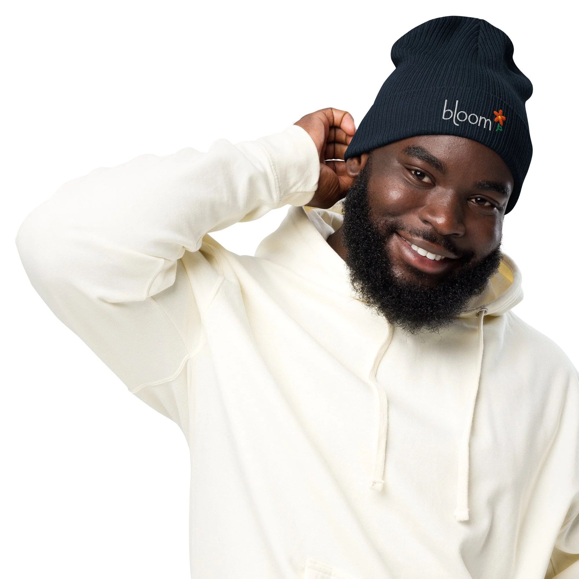 Bloom Organic Ribbed Beanie — Color Garden in oxford navy, front view