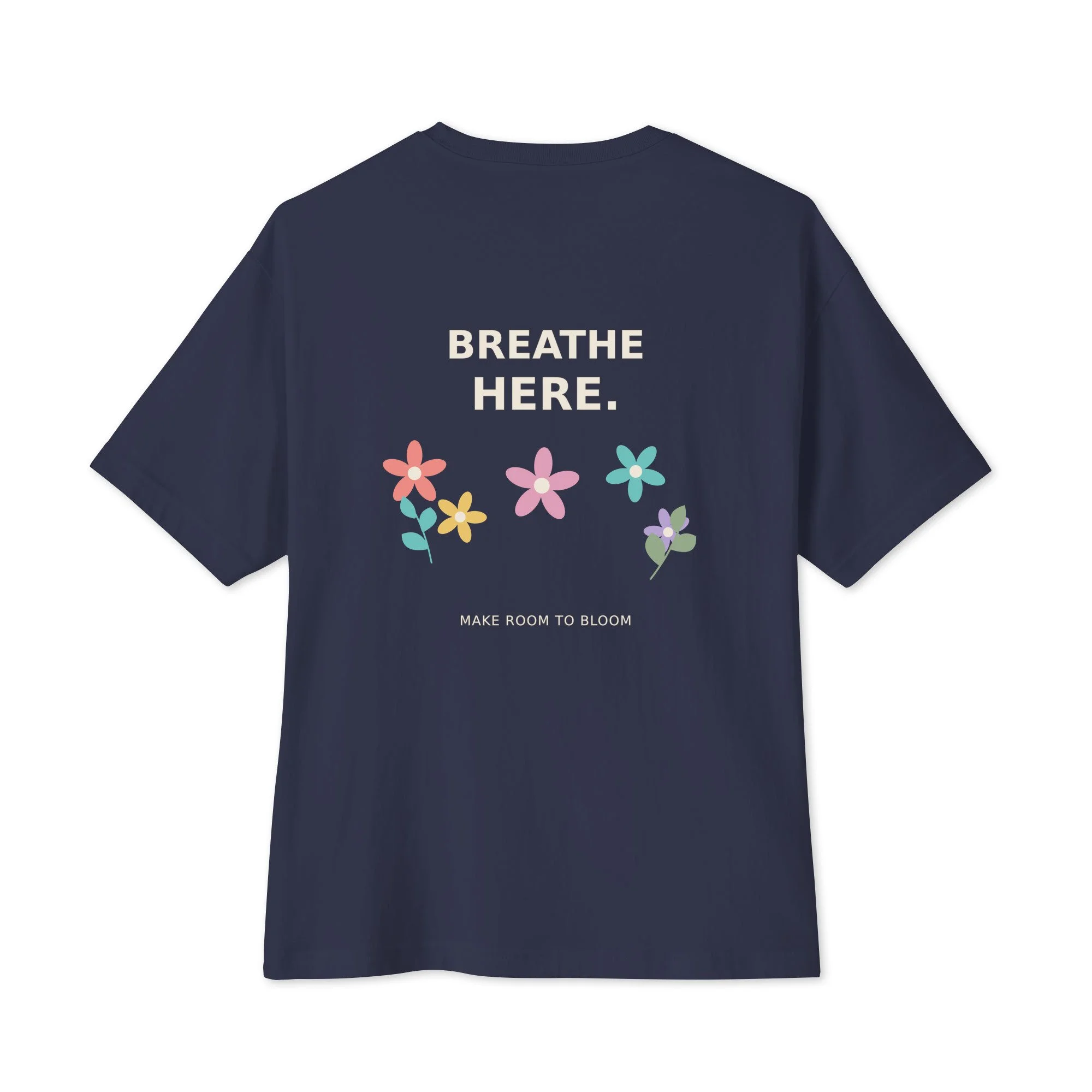 Bloom Oversized Boxy Tee — Color Garden in navy, back view
