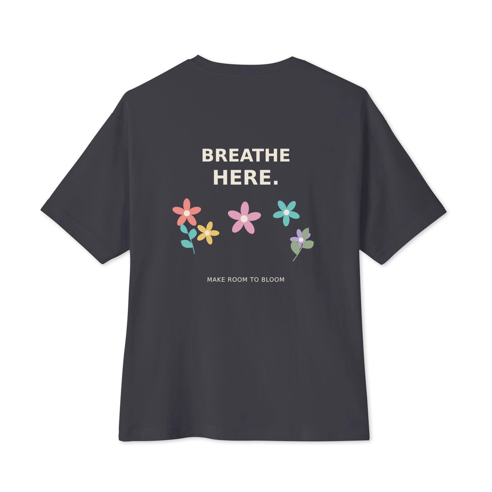Bloom Oversized Boxy Tee — Color Garden in dark grey, back view