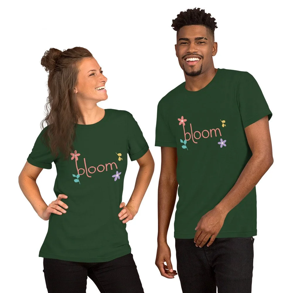 Bloom Everyday Tee — Color Garden in forest, front view