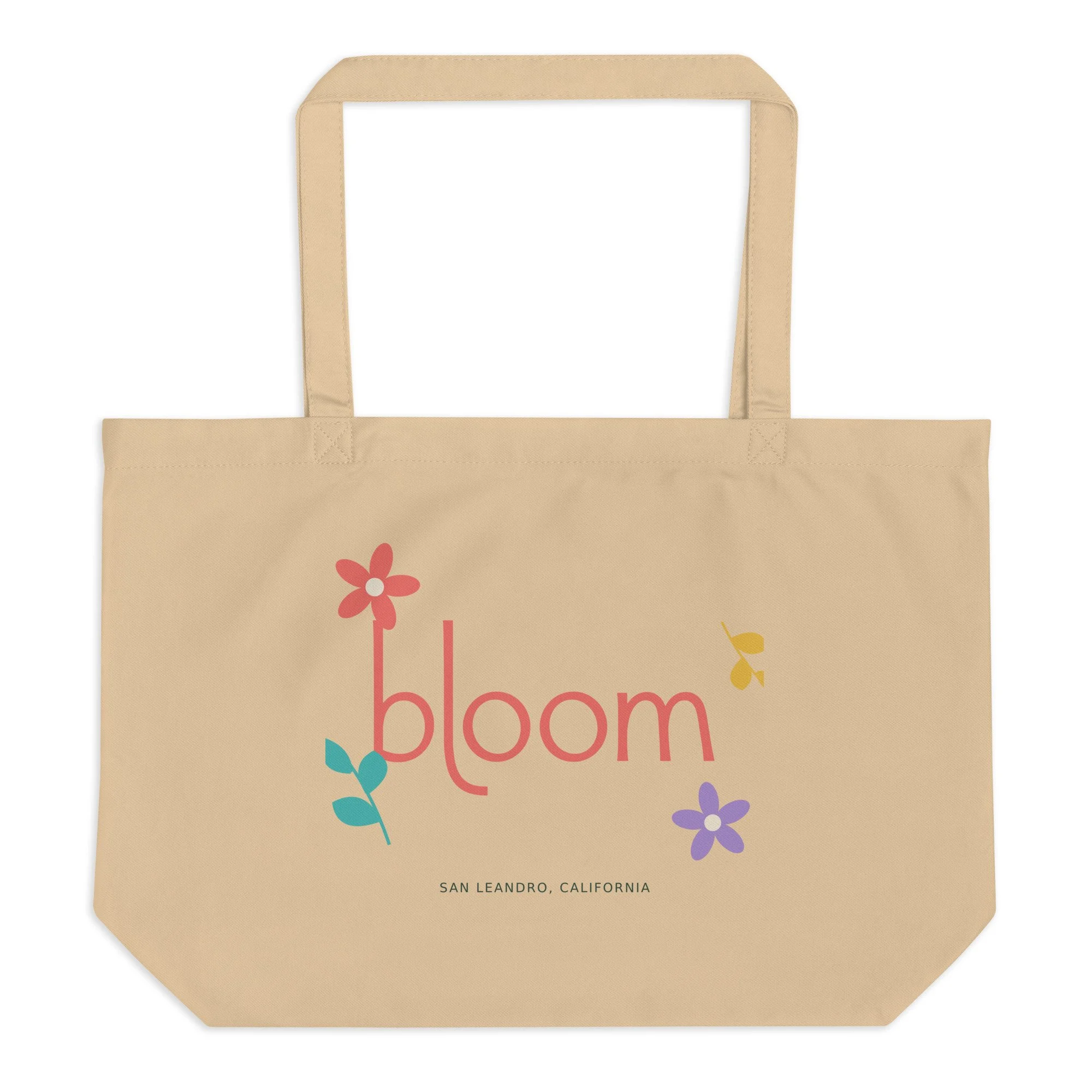 Oyster organic cotton Bloom Studio Tote with Color Garden artwork, front view