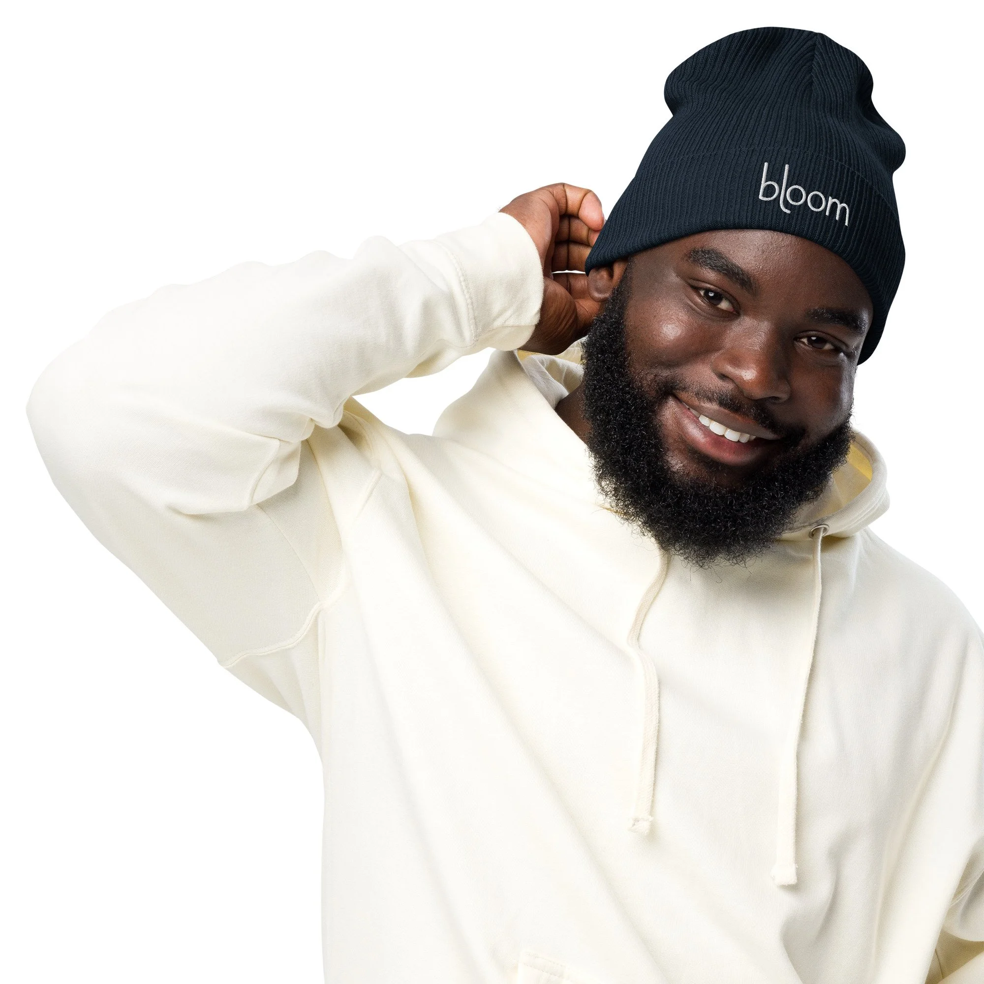 Bloom Organic Ribbed Beanie — Oxford Navy / Light Grey in oxford navy, front view