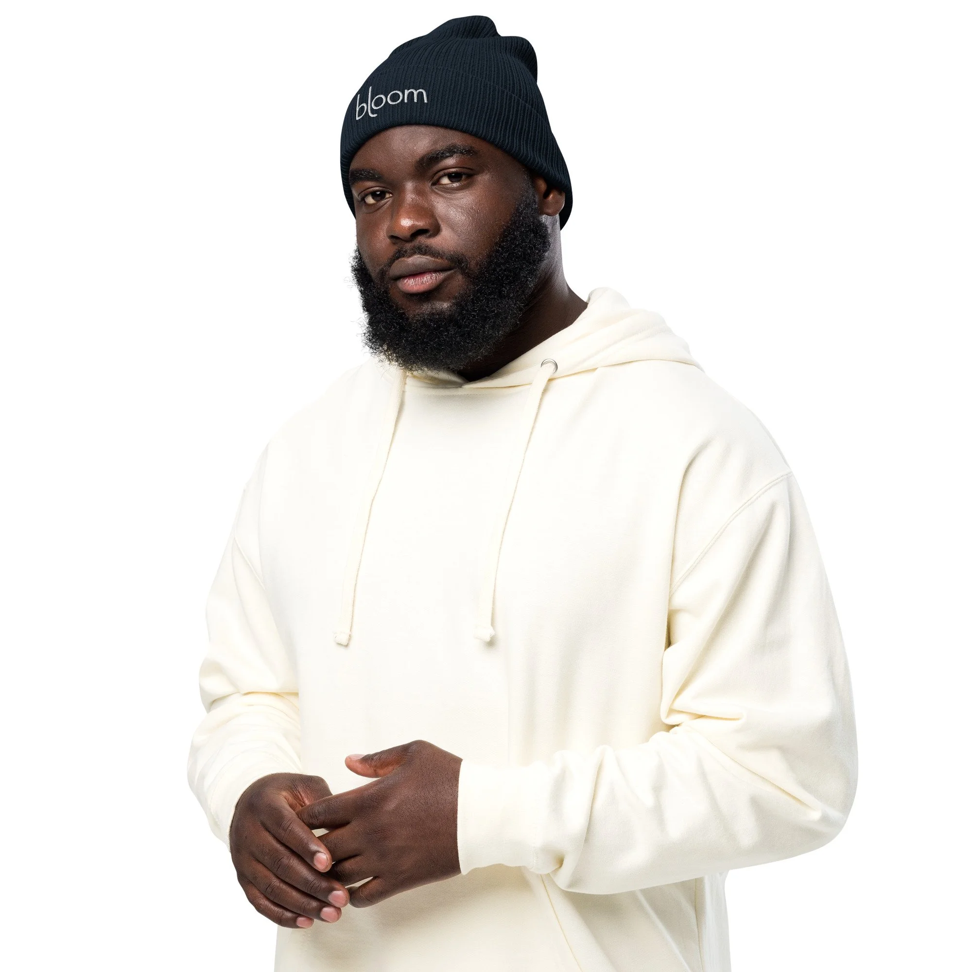 Bloom Organic Ribbed Beanie — Oxford Navy / Light Grey in oxford navy, left front view
