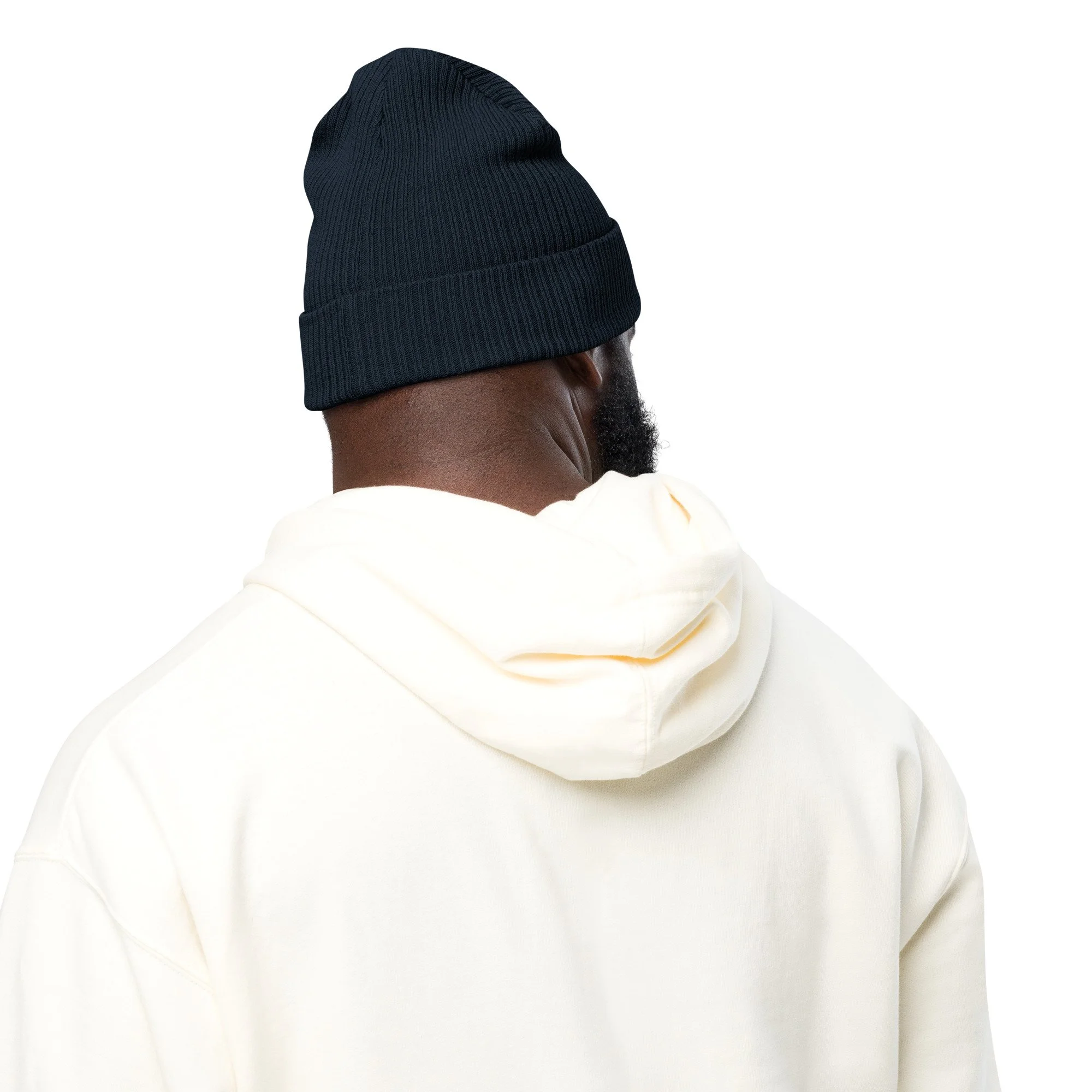 Bloom Organic Ribbed Beanie — Oxford Navy / Light Grey in oxford navy, back view