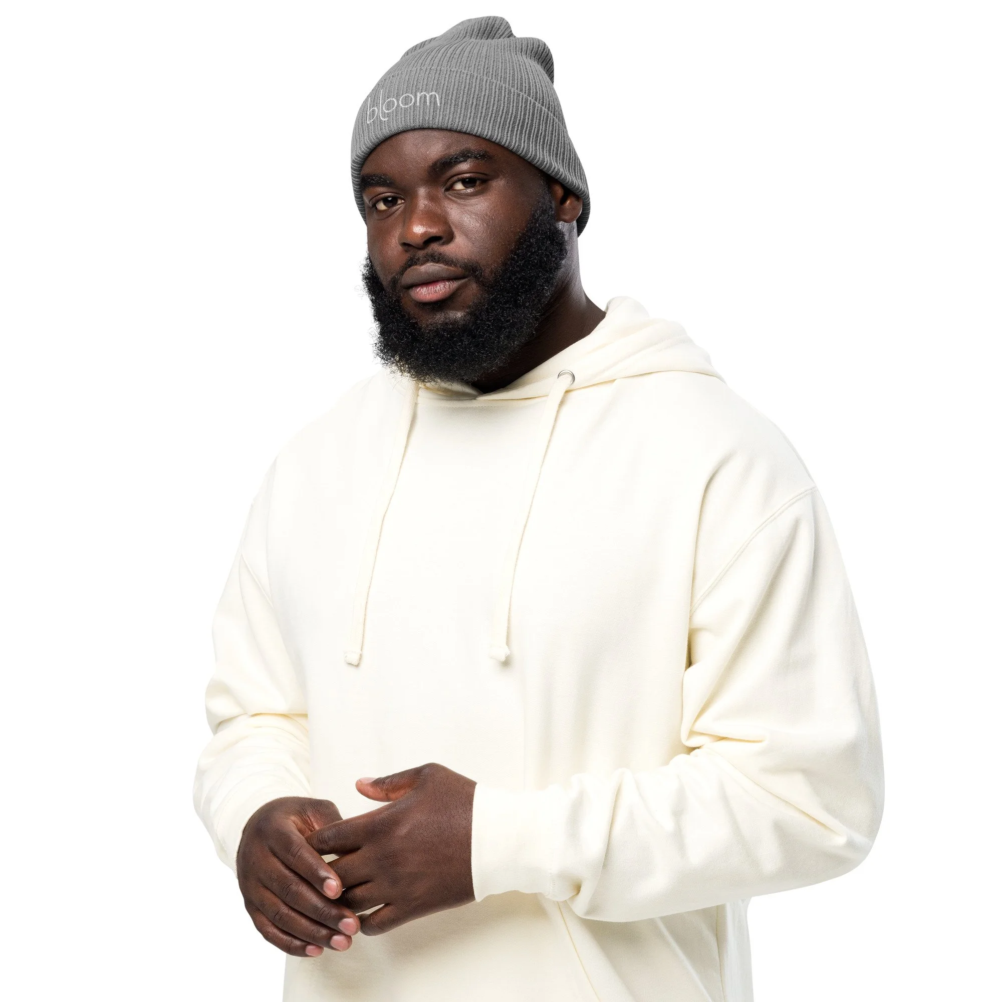 Bloom Organic Ribbed Beanie — Oxford Navy / Light Grey in light grey, left front view
