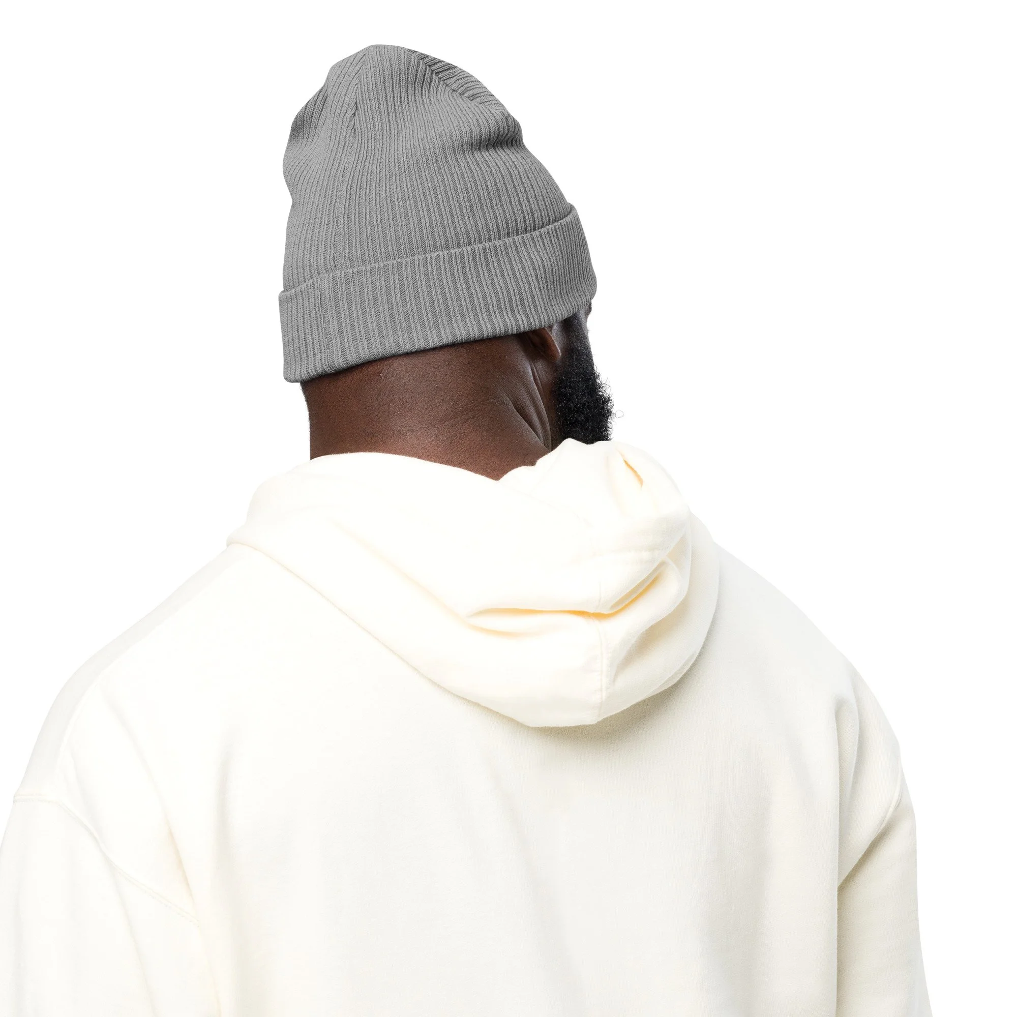 Bloom Organic Ribbed Beanie — Oxford Navy / Light Grey in light grey, back view