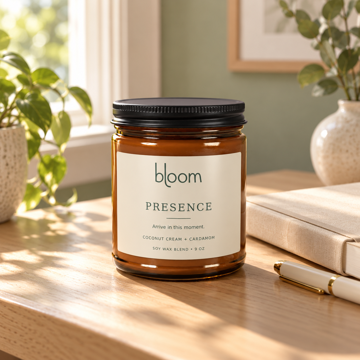 Bloom Presence 9 oz Coconut Cream and Cardamom candle styled beside a journal and pen.