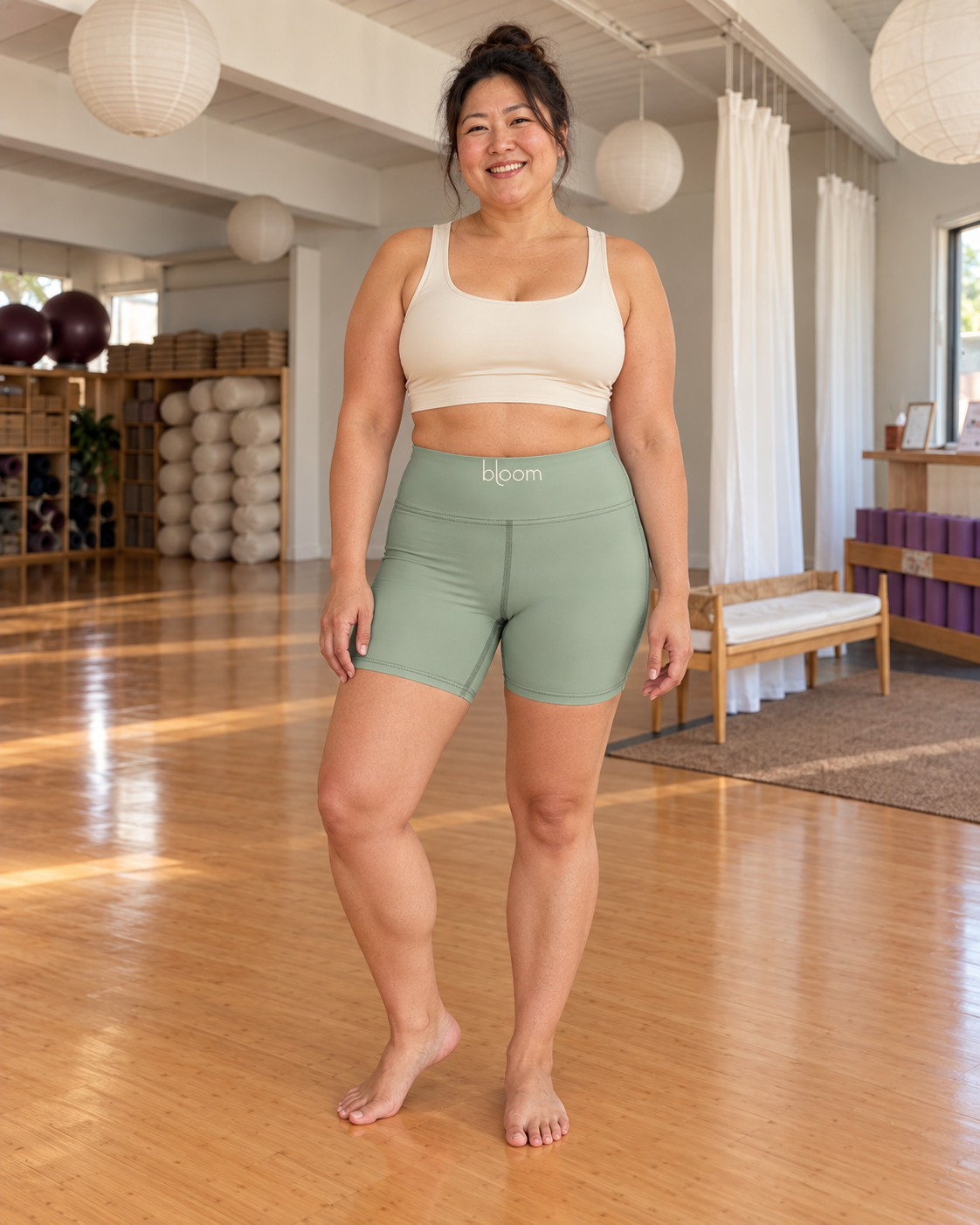 Bloom Practice Shorts — Soft Sage in Soft Sage at Bloom Yoga studio