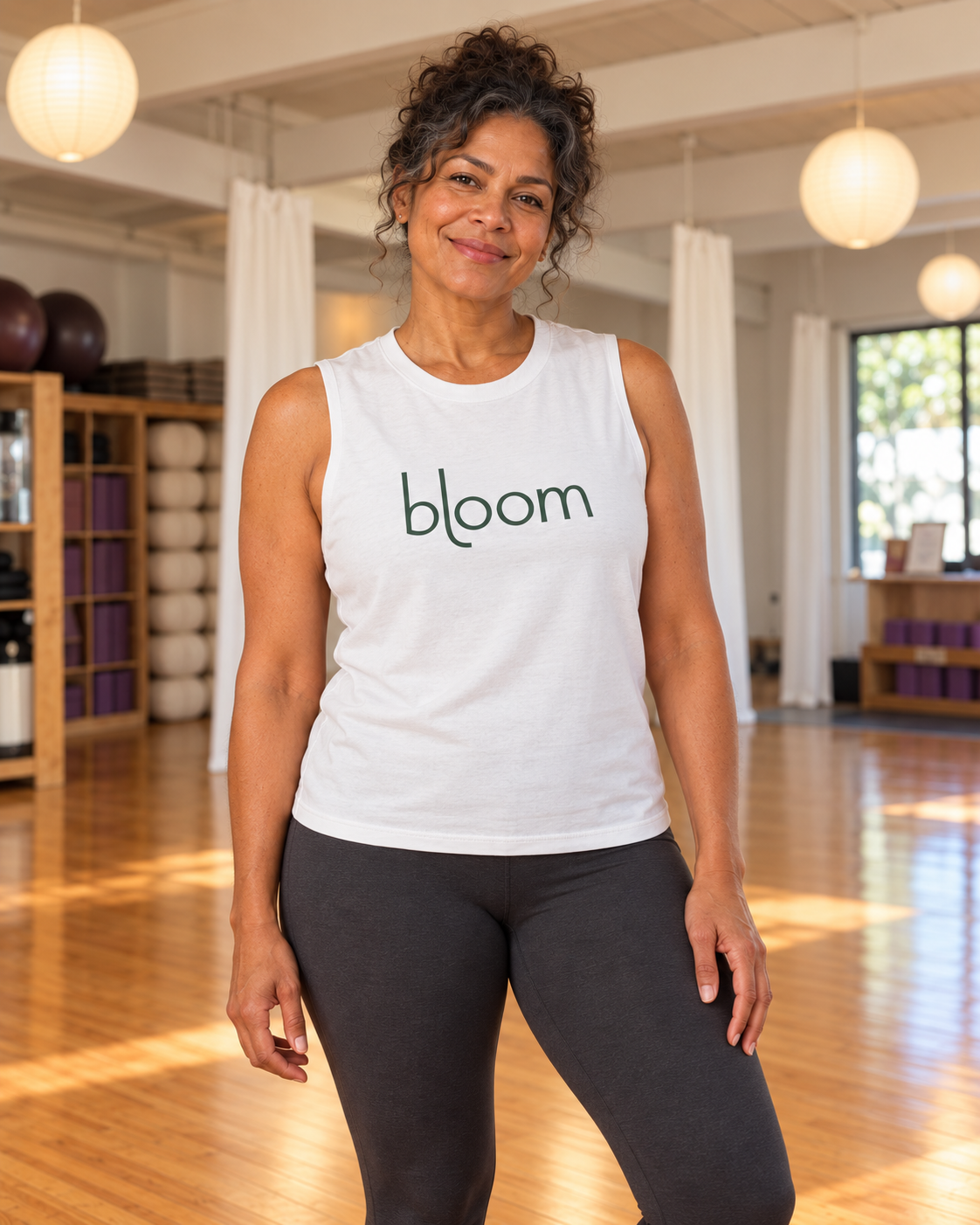 Bloom Muscle Tank — White / Forest in White at Bloom Yoga studio