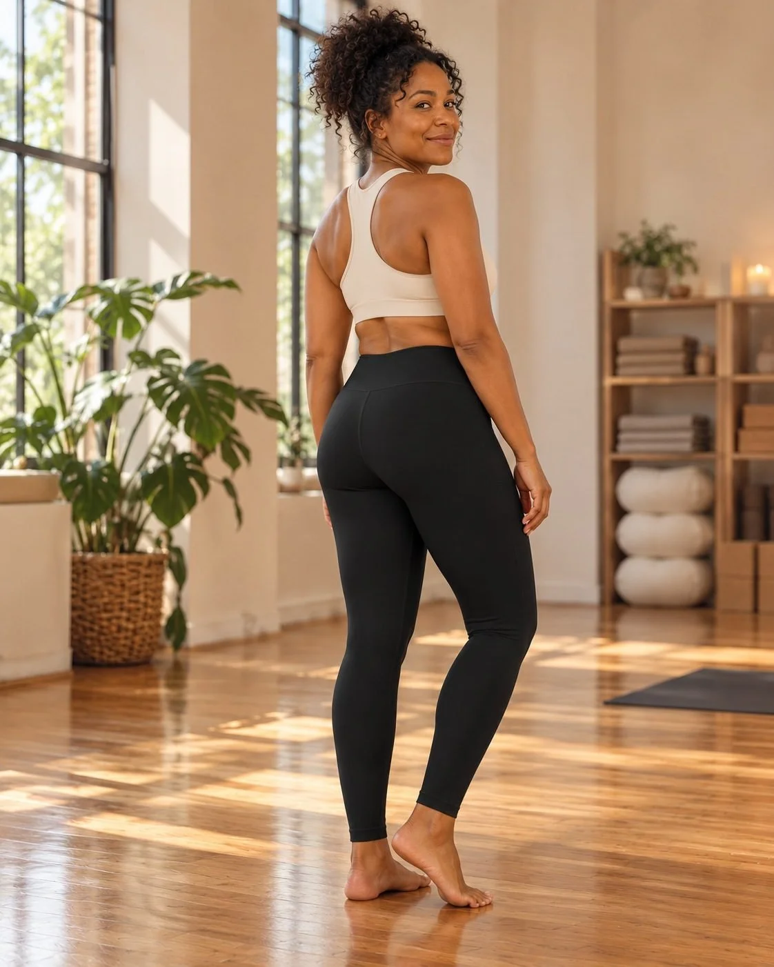 Black Bloom Practice Leggings at Bloom Yoga studio, back view