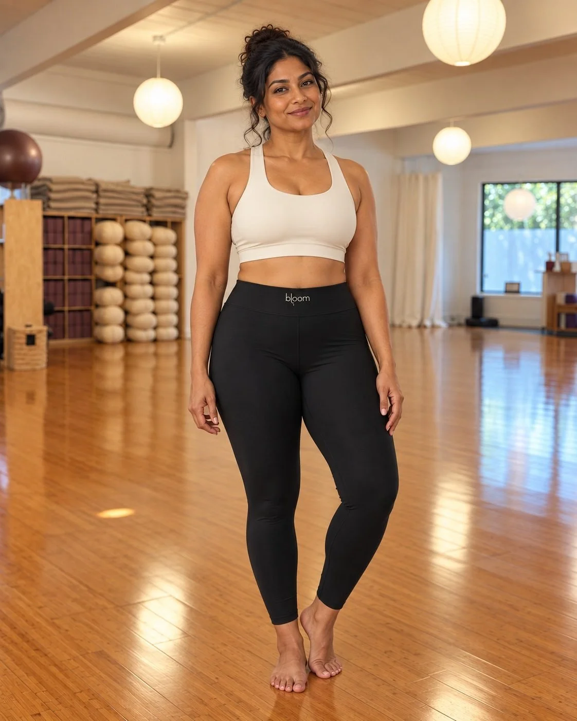 Black Bloom Practice Leggings at Bloom Yoga studio, front view
