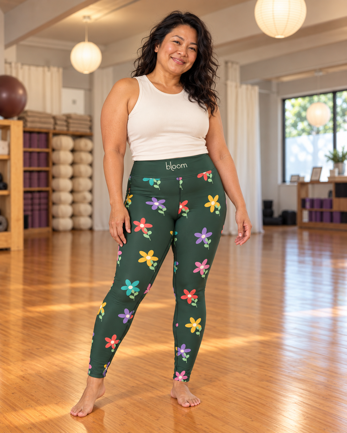 Bloom Practice Leggings — Color Garden in Forest / Color Garden pattern at Bloom Yoga studio