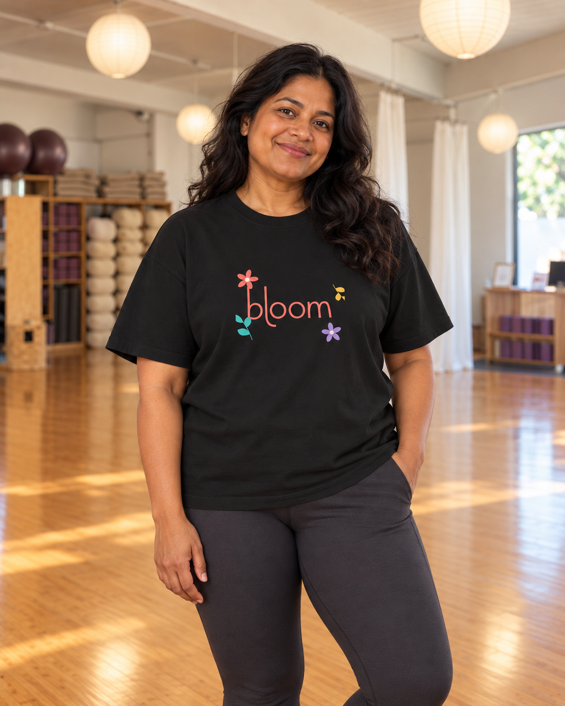Bloom Oversized Boxy Tee — Color Garden in Black at Bloom Yoga studio