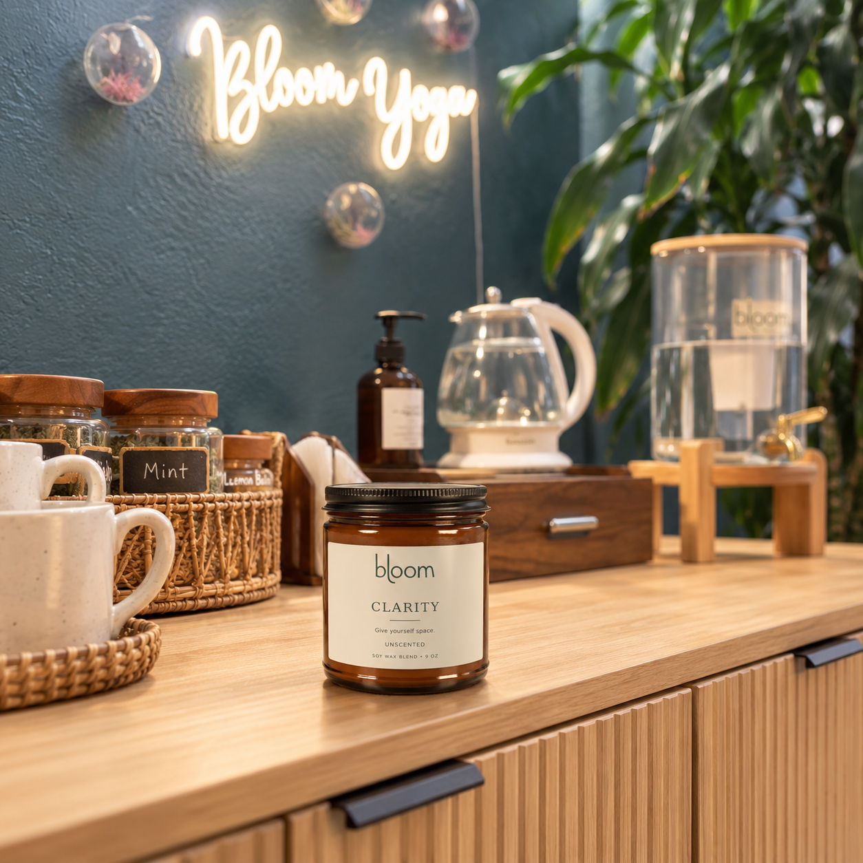 Bloom Clarity 9 oz unscented candle on the tea station at Bloom Yoga; styled product mockup.