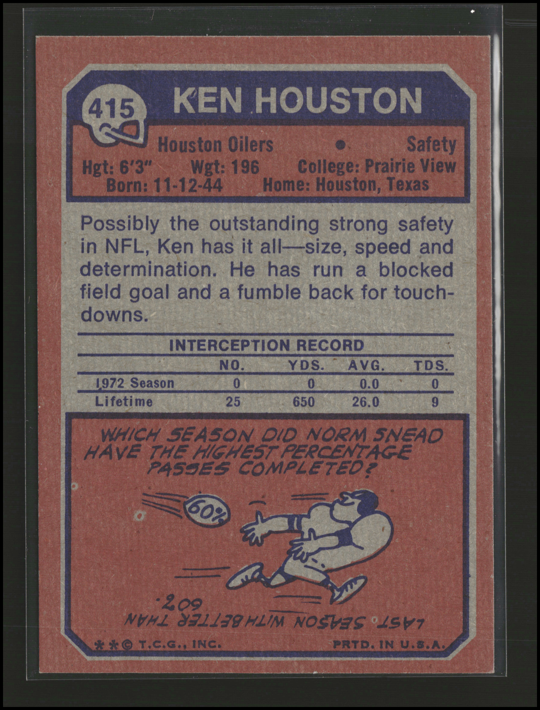 Ken Houston #415 | 1973 Topps | Football Cards