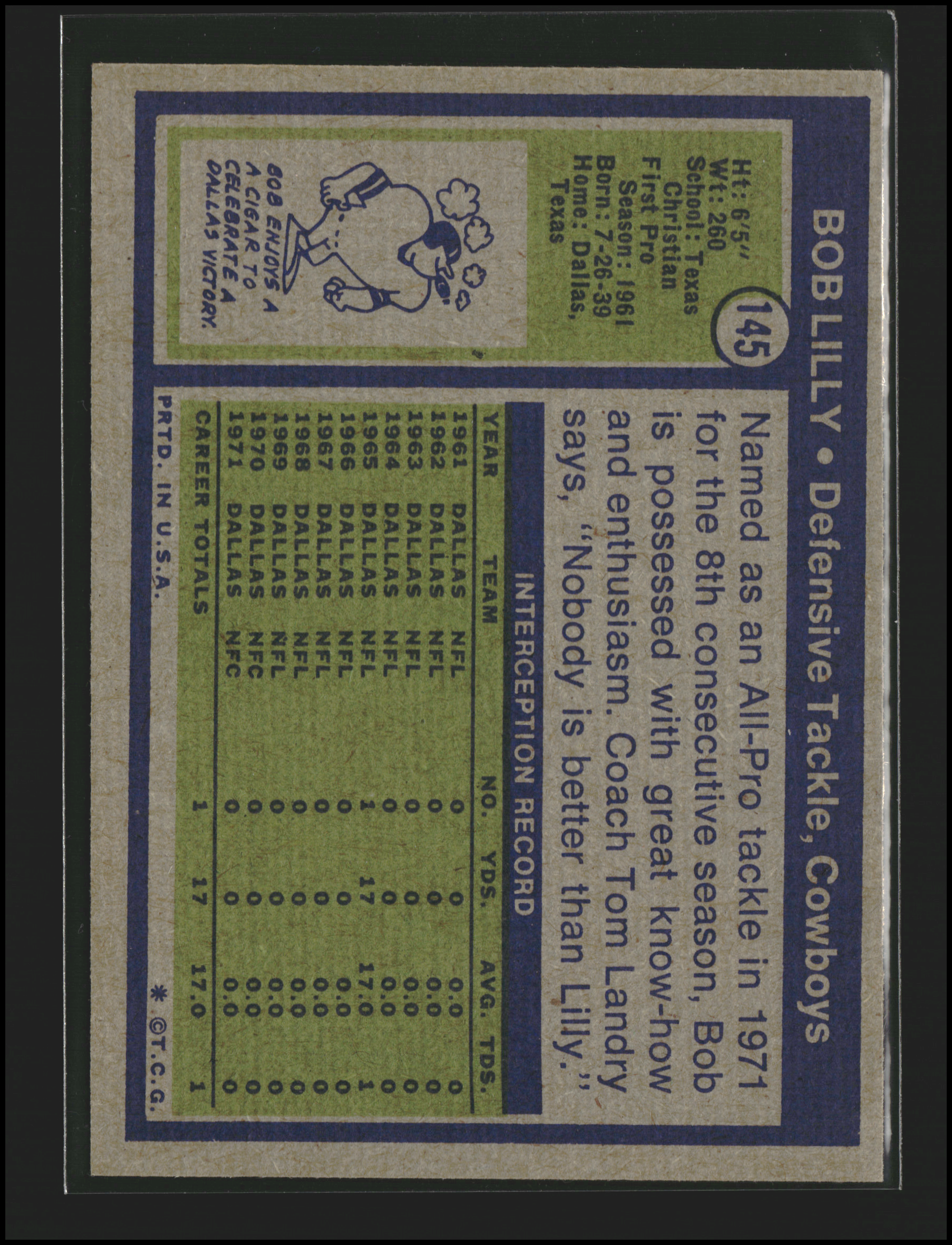 Bob Lilly #145 | 1972 Topps | Football Cards