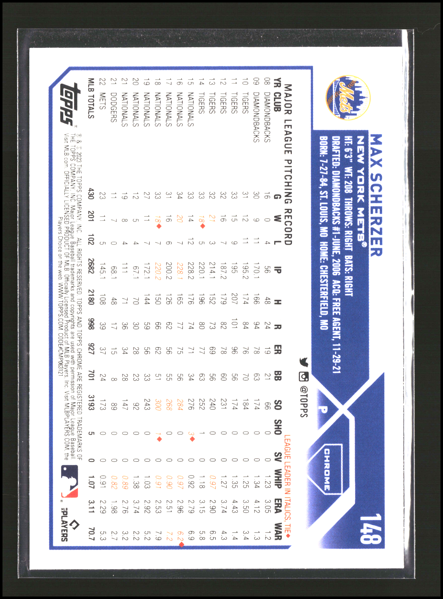 Max Scherzer - Topps Chrome