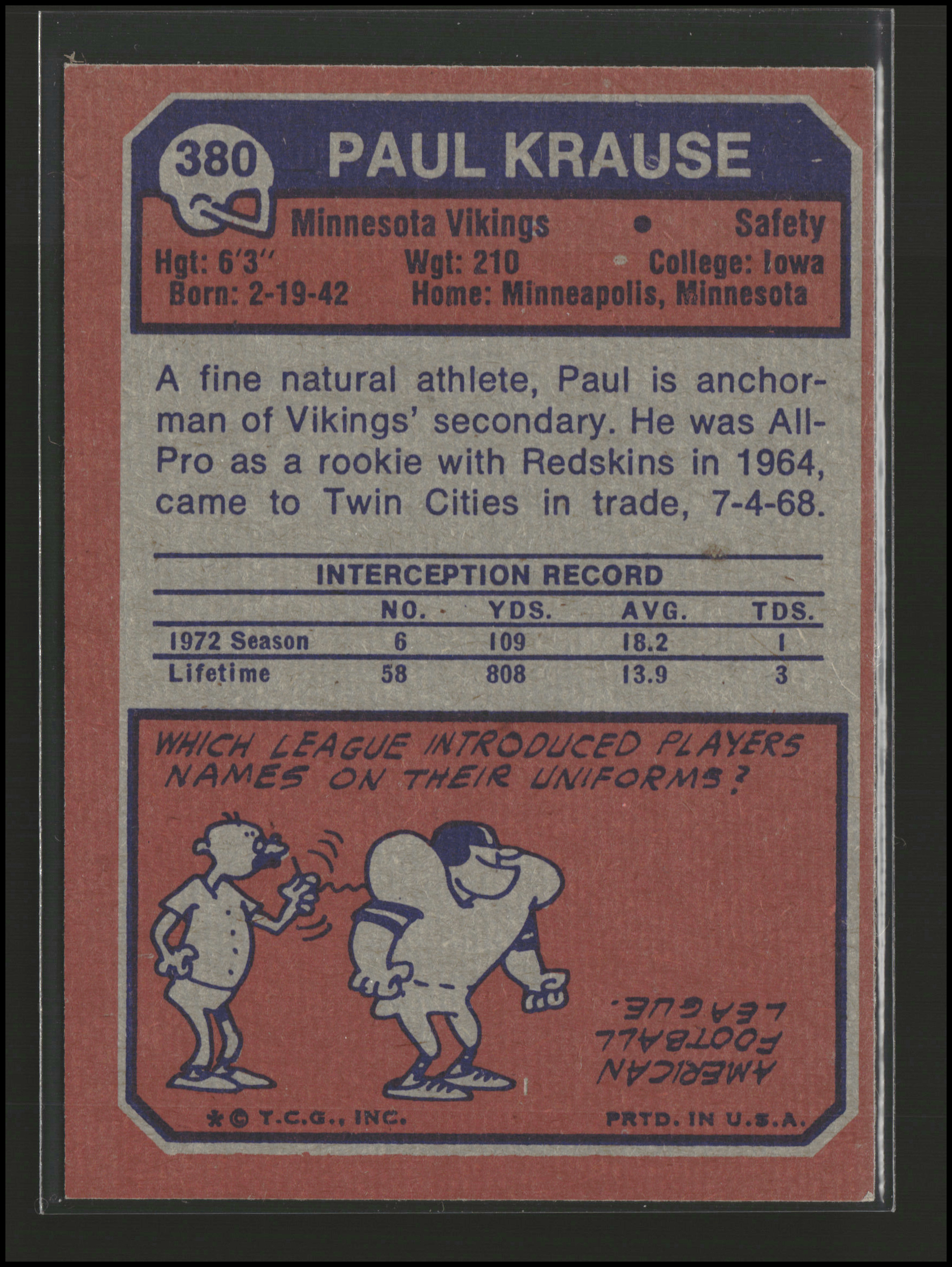Paul Krause #380 | 1973 Topps | Football Cards