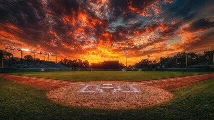 Empty baseball field at sunset with a dramatic orange and purple sky
