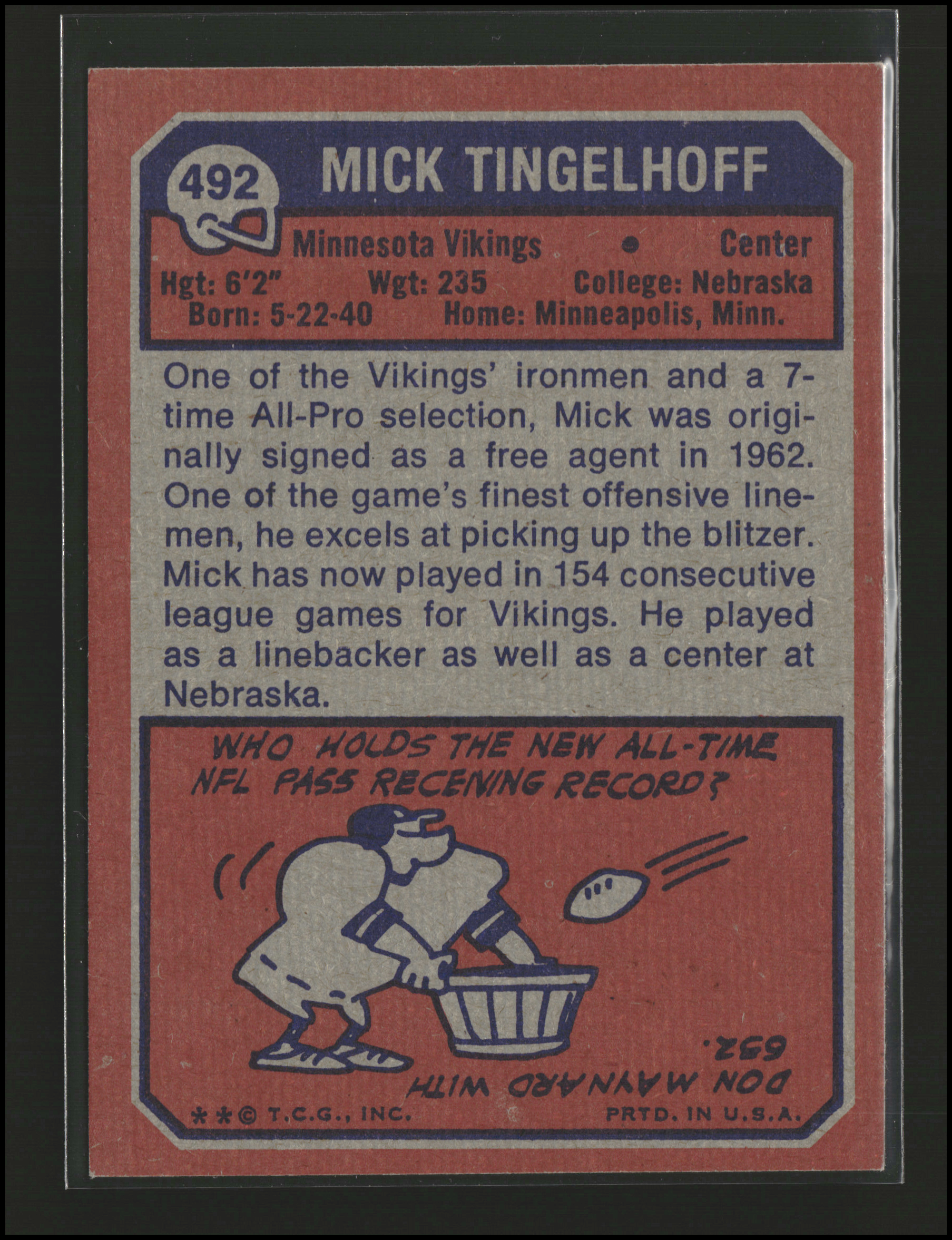 Mick Tingelhoff #492 | 1973 Topps | Football Cards