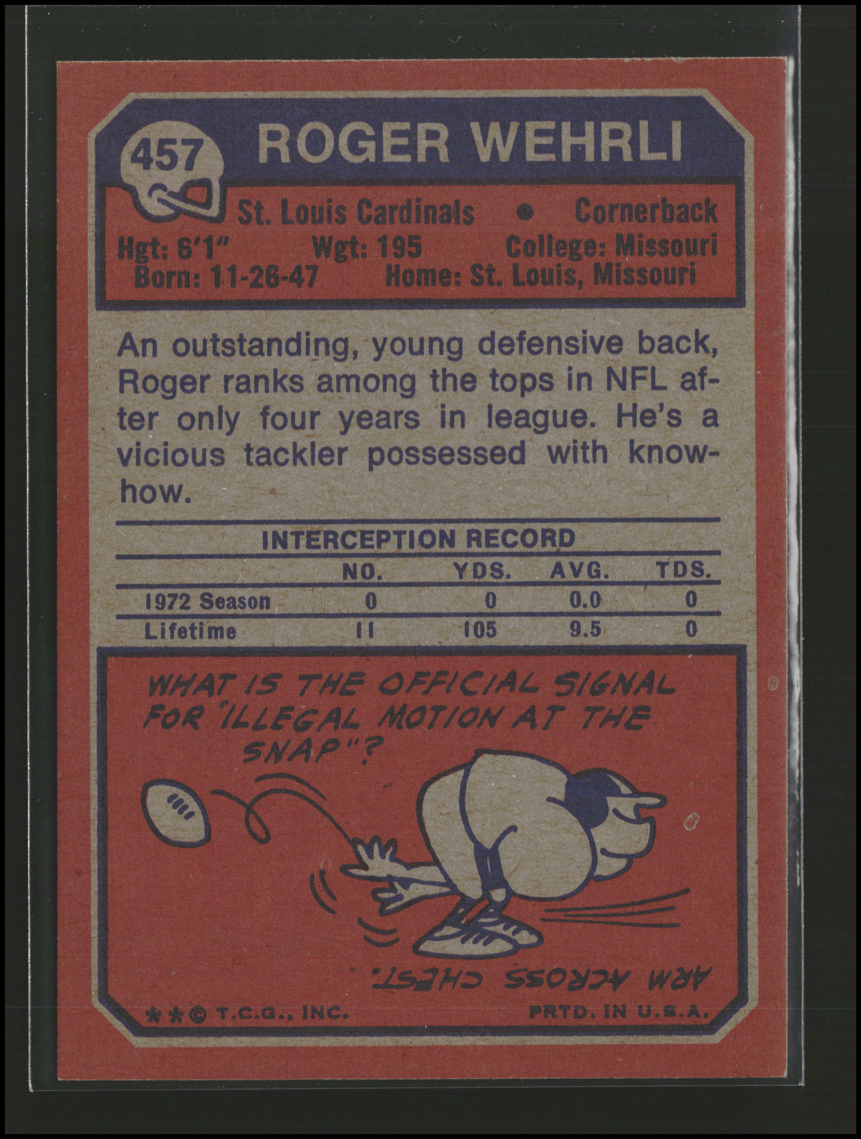 Roger Wehrli #457 | 1973 Topps | Football Cards