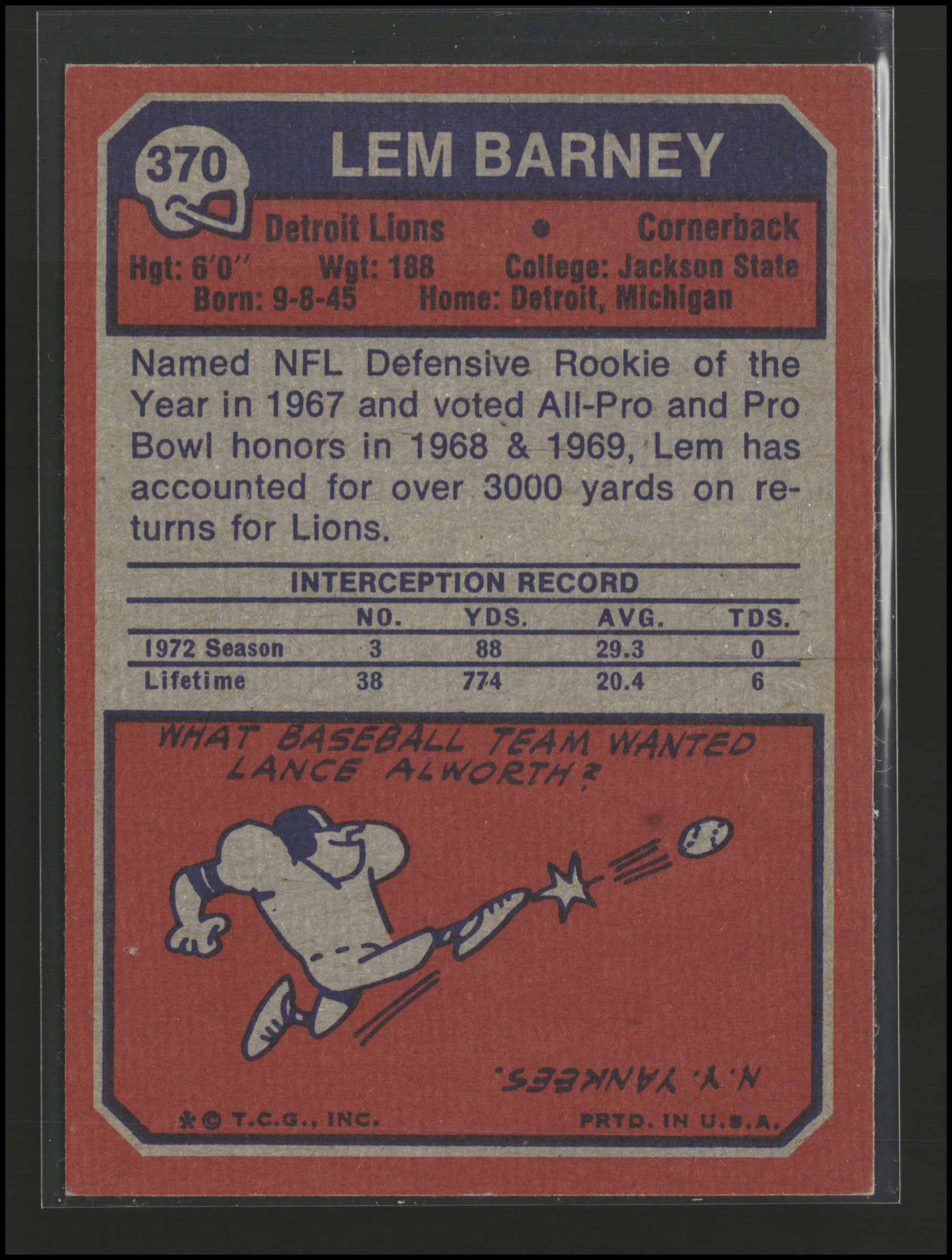 Lem Barney #370 | 1973 Topps | Football Cards
