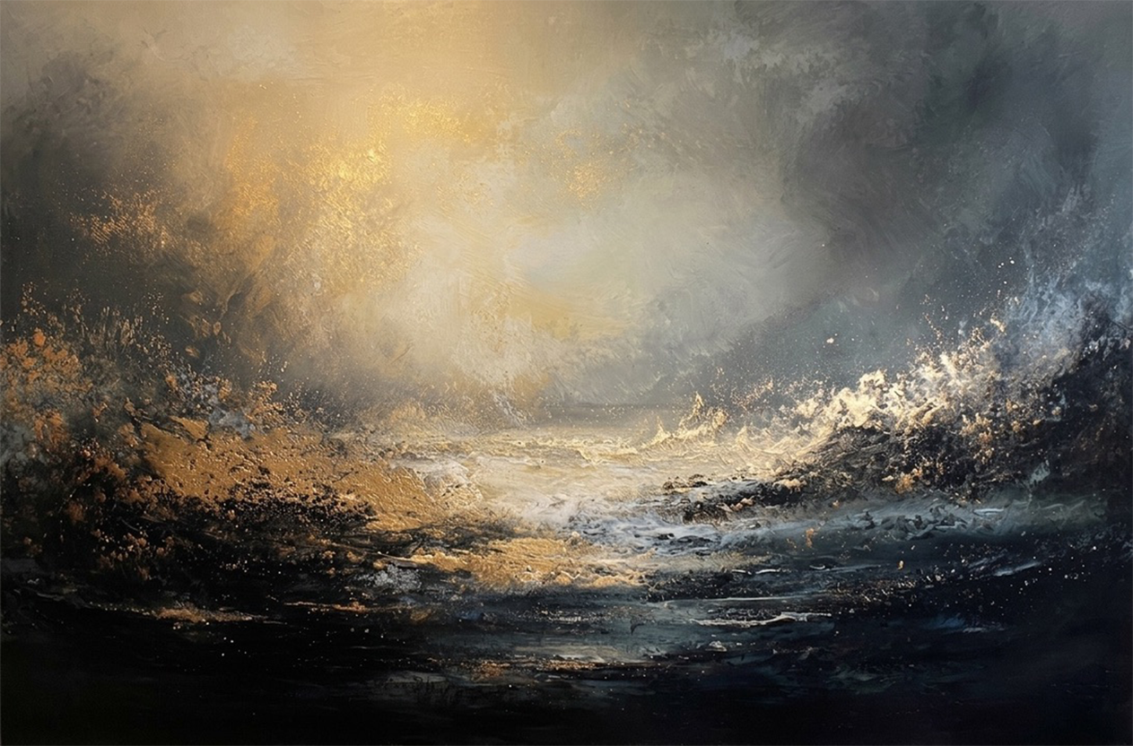 Blandteknik (olja, akryl, pigment), ca 50x70 cm, 4800 kr, kan göras i valfri storlek