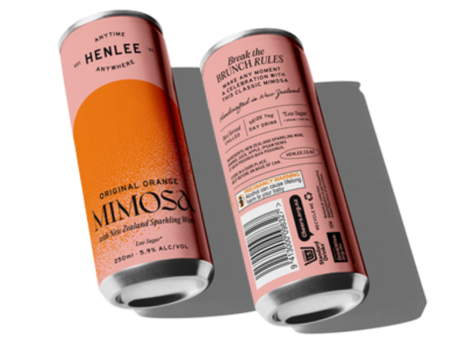 Two cans of Hinlee Original Orange NZ Sparkling Wine with New Zealand sparkling wine label and barcode, one showing the front and the other showing the back with details and ingredients.