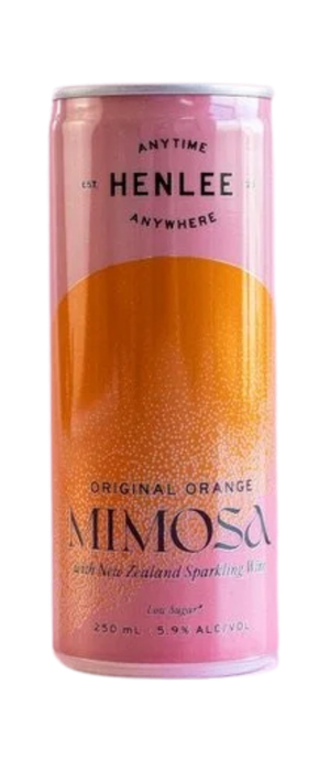 Pink can of Henlee Mimosa with orange and pink design, labeled as original orange mimosa with sparkling wine, 250 ml, 5.9% alcohol.