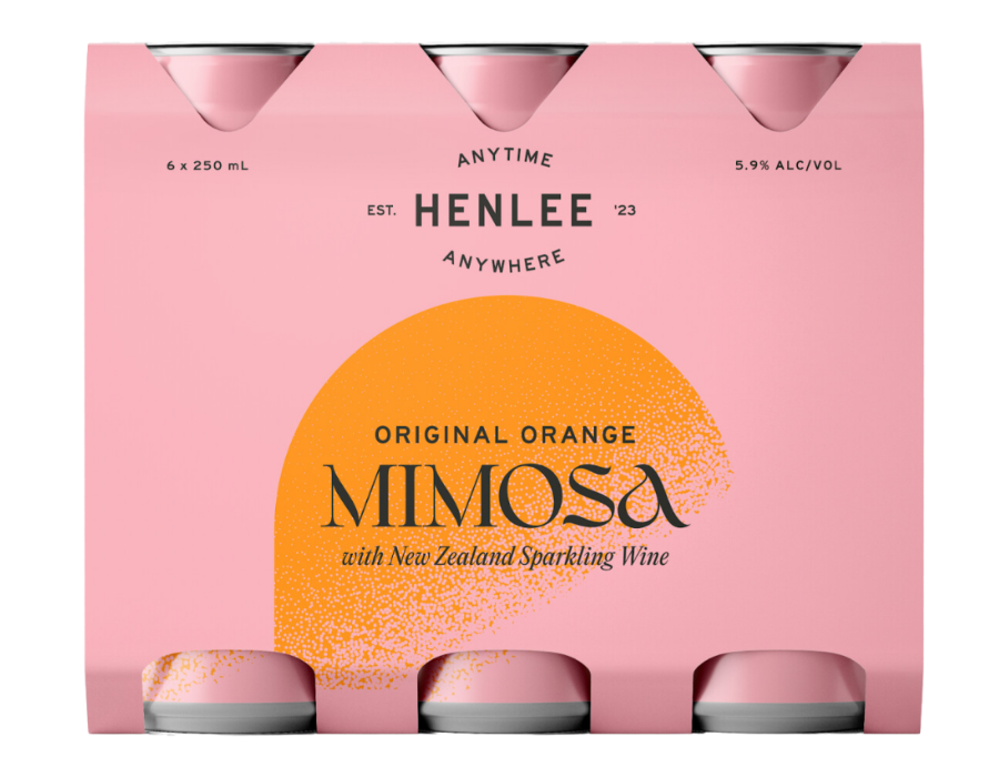 Pink packaging of a six-pack of original orange Mimosa sparkling wine with New Zealand wine, produced by Henlee