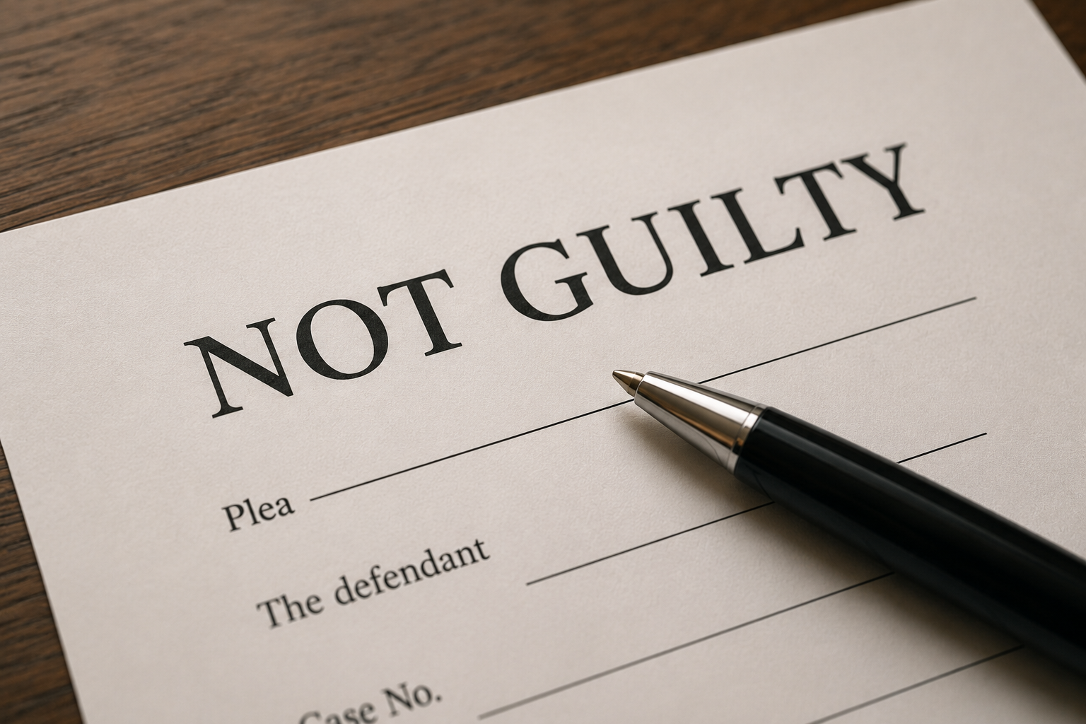Not guilty plea form with pen representing a criminal court plea decision.