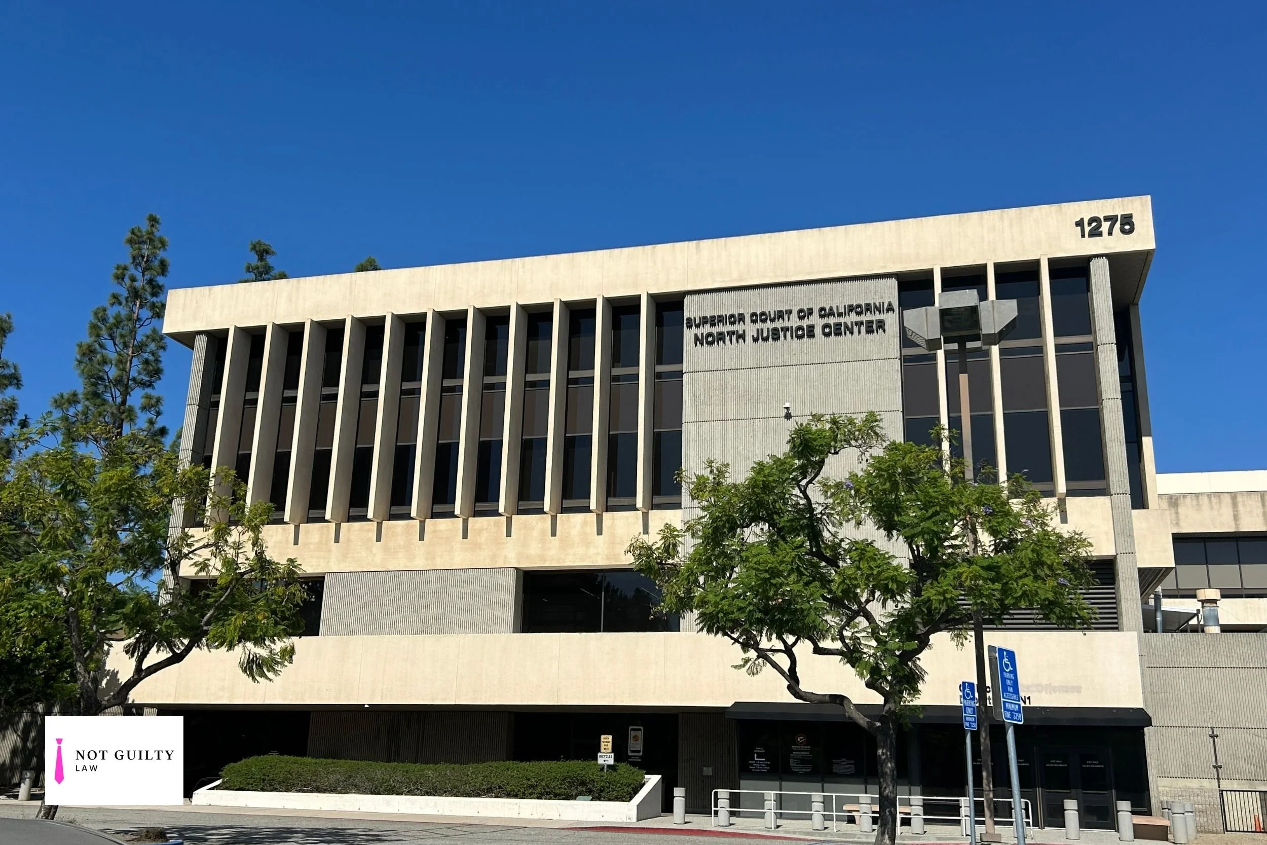 Exterior of North Justice Center courthouse in Fullerton, California, where Orange County criminal cases are heard.