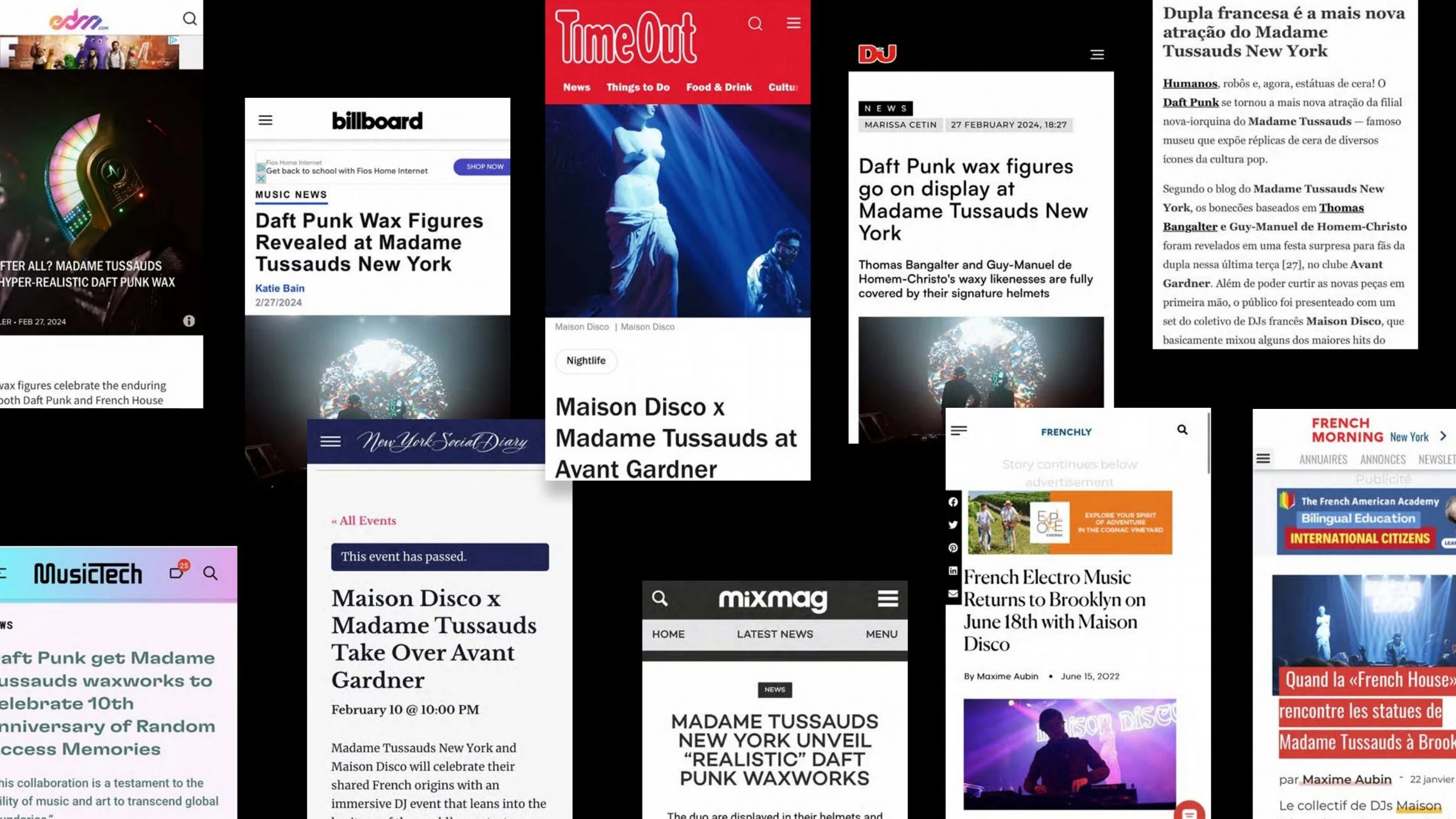 Press: TimeOut, Billboard, New York Social Diary, Thrillist, EDM.com, MusicTech, DoNYC, Mixmag, DJ Mag, French Morning, Frenchly, Patch.