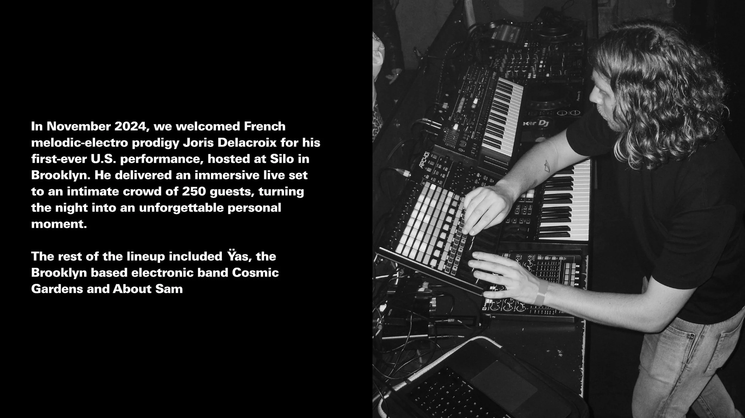 Joris Delacroix's first-ever US performance: immersive live set for 250 guests at SILO Brooklyn with Ÿas and Cosmic Gardens.