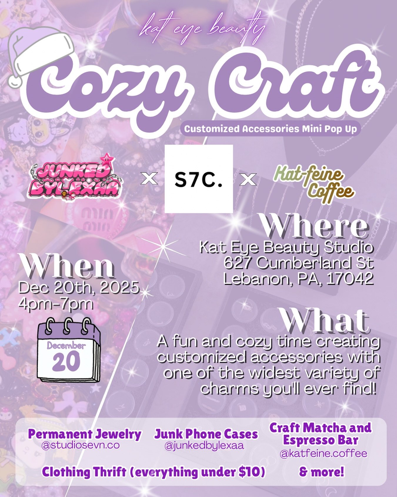 We're back with another event this Holiday Season!🎅🏼🎄🎁✨

We are collaborating with @studiosevn.co , @junkedbylexaa , and @katfeine.coffee for a super fun and chill time of picking out charms and sipping on craft matcha and espresso drinks!

You d