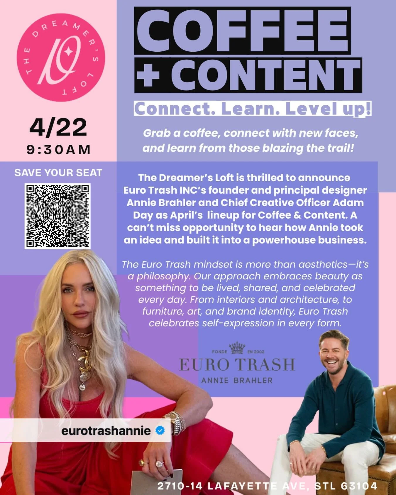 We&rsquo;re just about week away from our next ☕️Coffee &amp; Content☕️ 

We are BEYOND thrilled to welcome @eurotrashannie &amp; @eurotrashadam to The Dreamer&rsquo;s Loft as our featured guests! Come join us for this can&rsquo;t miss opportunity to