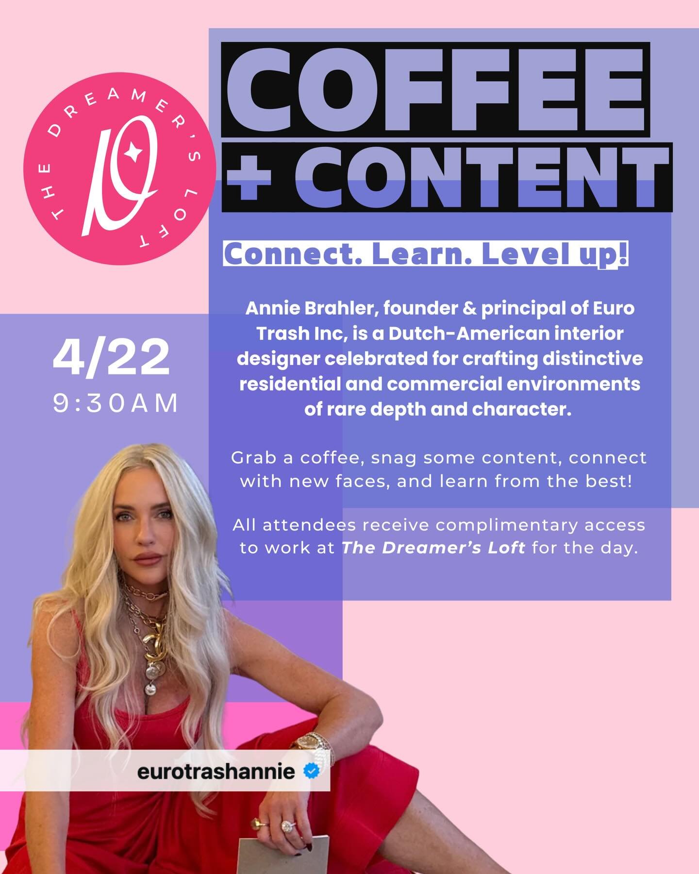 📣📣📣The moment you&rsquo;ve all been waiting for!! Join us for our next ☕️COFFEE &amp; CONTENT☕️

We are BEYOND THRILLED to annouce and introduce to you ✨Annie Brahler✨ @eurotrashannie as our Guest Speaker!! Founder &amp; Principal of Euro Trash In