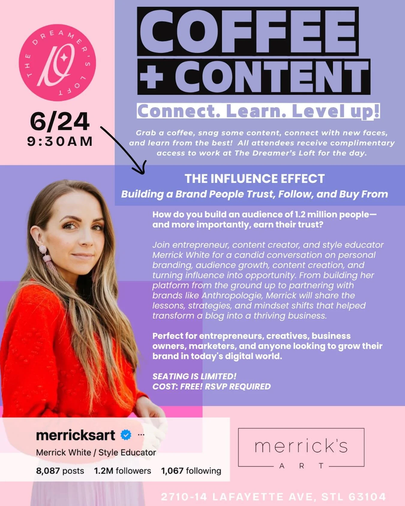 The Dreamer&rsquo;s Loft is BEYOND thrilled to announce our next guest speaker for our upcoming ☕️ Coffee + Content ☕️ 

Please welcome Merrick White from Merrick&rsquo;s Art!! 

Save the date- Wednesday, June 24- for our next Coffee + Content for an