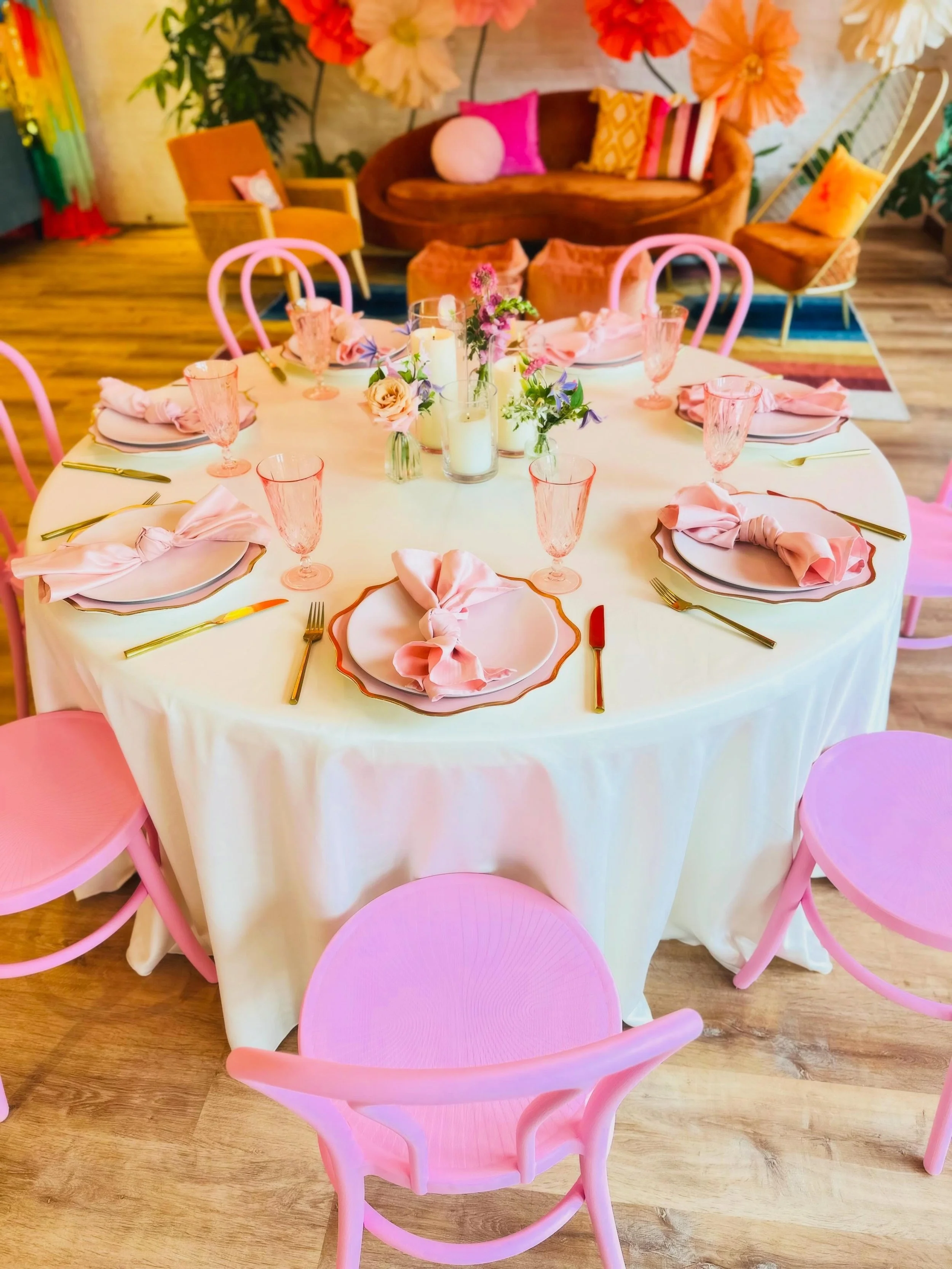 We&rsquo;re taking your event to the ⭐️NEXT LEVEL⭐️
Our new pink chairs are here! 

With our 🥂Set, Sip, Celebrate🥂 package- the first floor is set for up to 50 guests with tables, chairs, linen, a trio candle centerpieces, 1 drink dispenser &amp; a