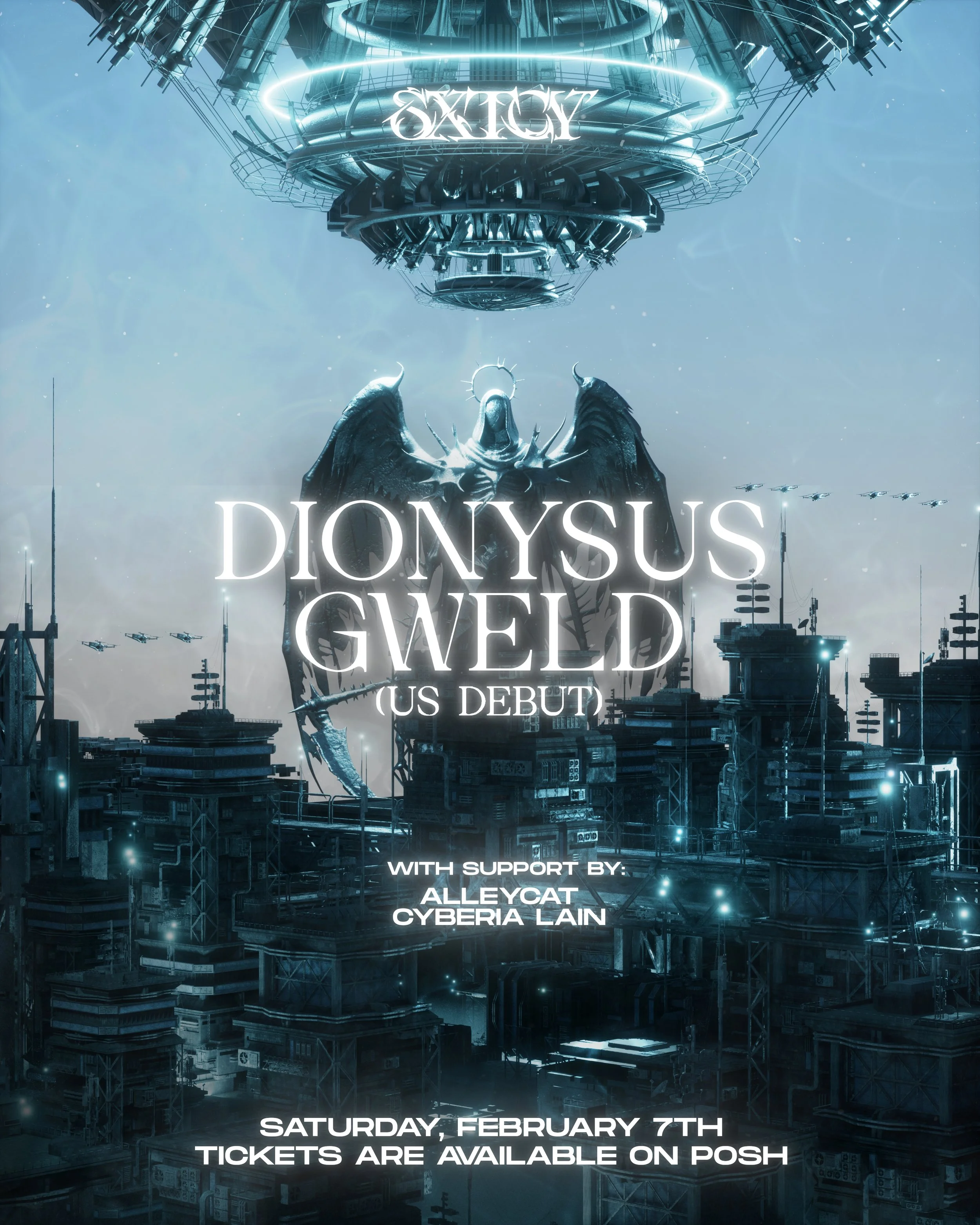 Futuristic cityscape with a giant dark angelic figure with wings, surrounded by high-tech buildings and vehicles, featuring the text 'Skiety Dionysus Gwel'd (US Debut)', and event details including date, support acts, and ticket info.