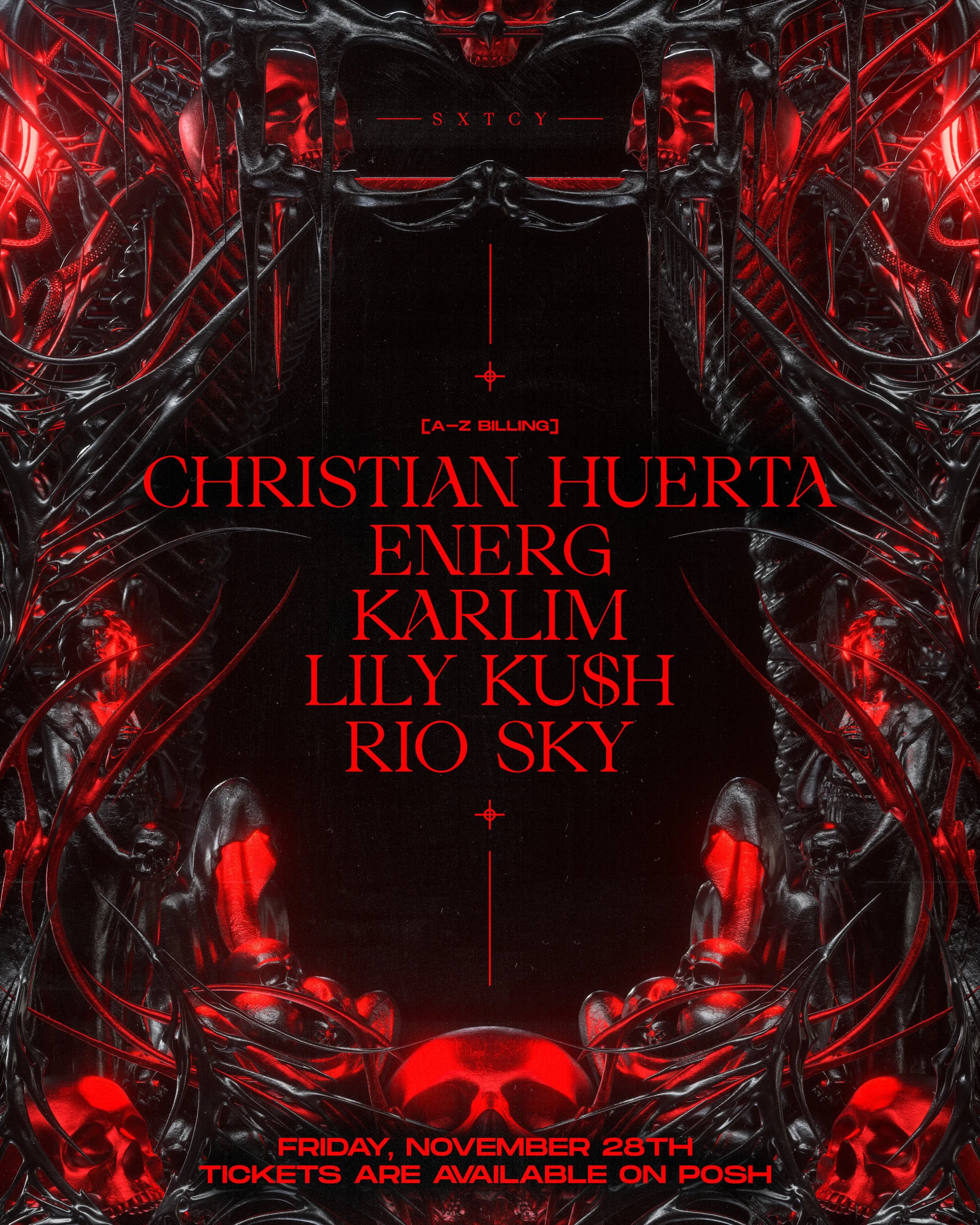 Dark, gothic poster with red and black tones featuring stylized skulls and bones. Text in red includes event details: performers' names, date, and ticket information.