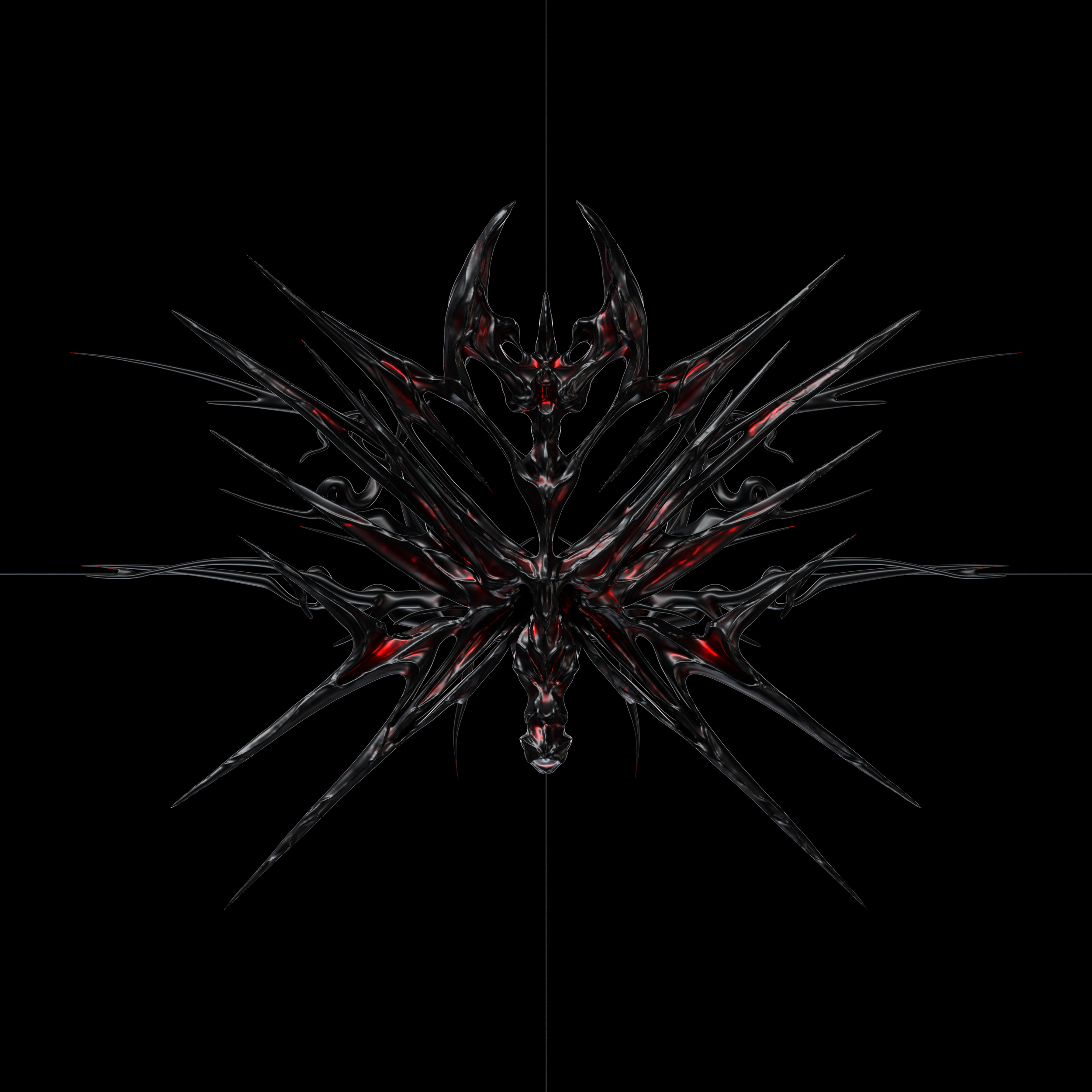 Dark, spiky, abstract creature or design with red highlights on a black background.