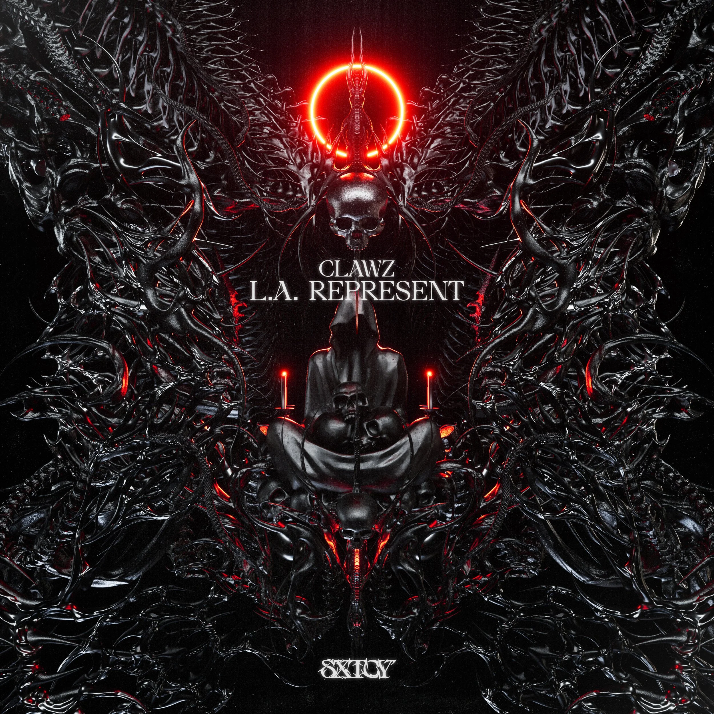 A dark, surreal digital artwork featuring black, glossy, twisted forms with red highlights. A skull and a seated hooded figure are at the center, surrounded by intertwined, serpentine shapes. A glowing red circle is above, and text in the center read