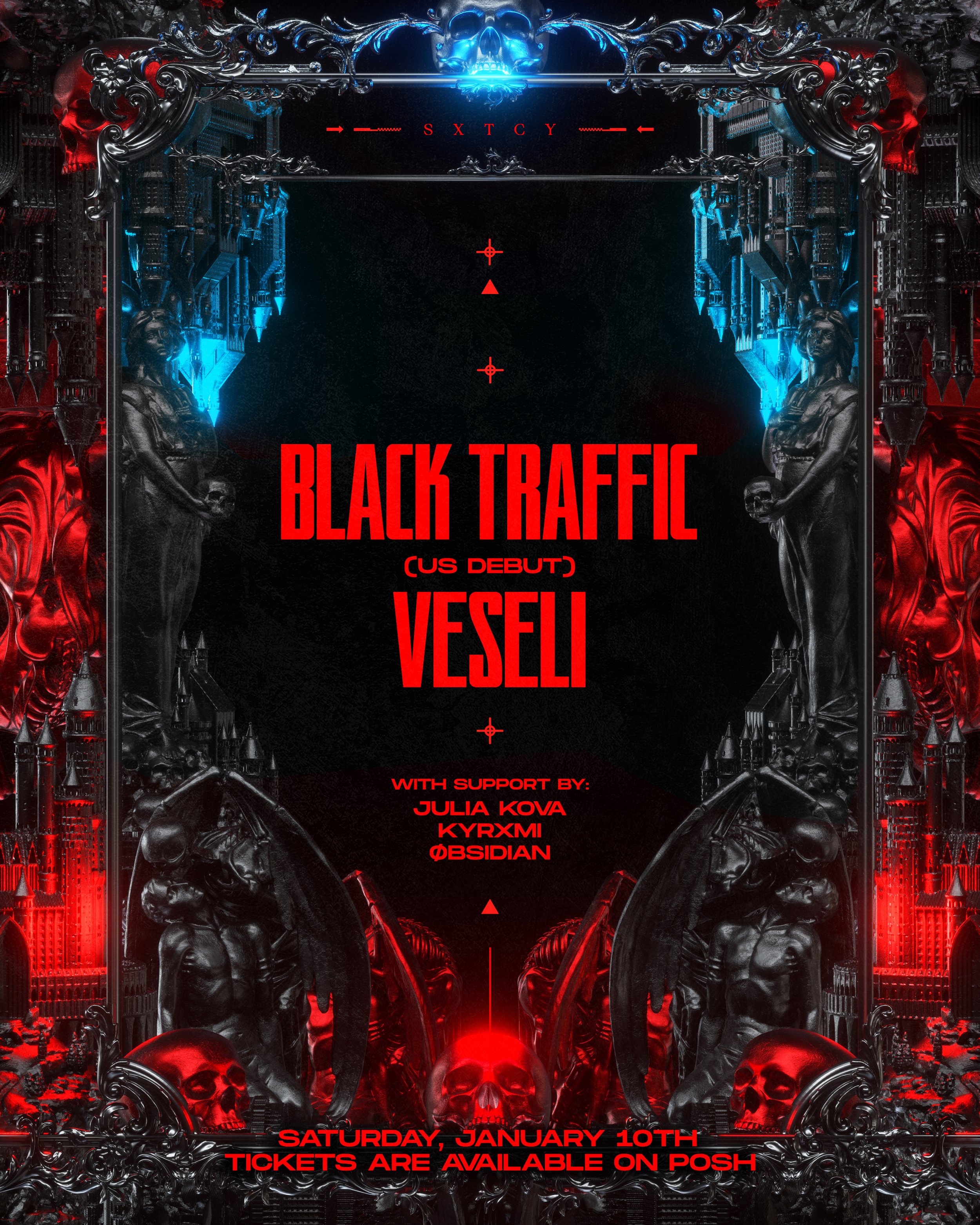 A dark, gothic-style concert poster with red and black colors. It features skulls, statues, and ornate decorations. The text promotes a debut event called 'Black Traffic' by Veseli, supporting Julia Kova, Kyxmii, and Obsidian, scheduled for Saturday,